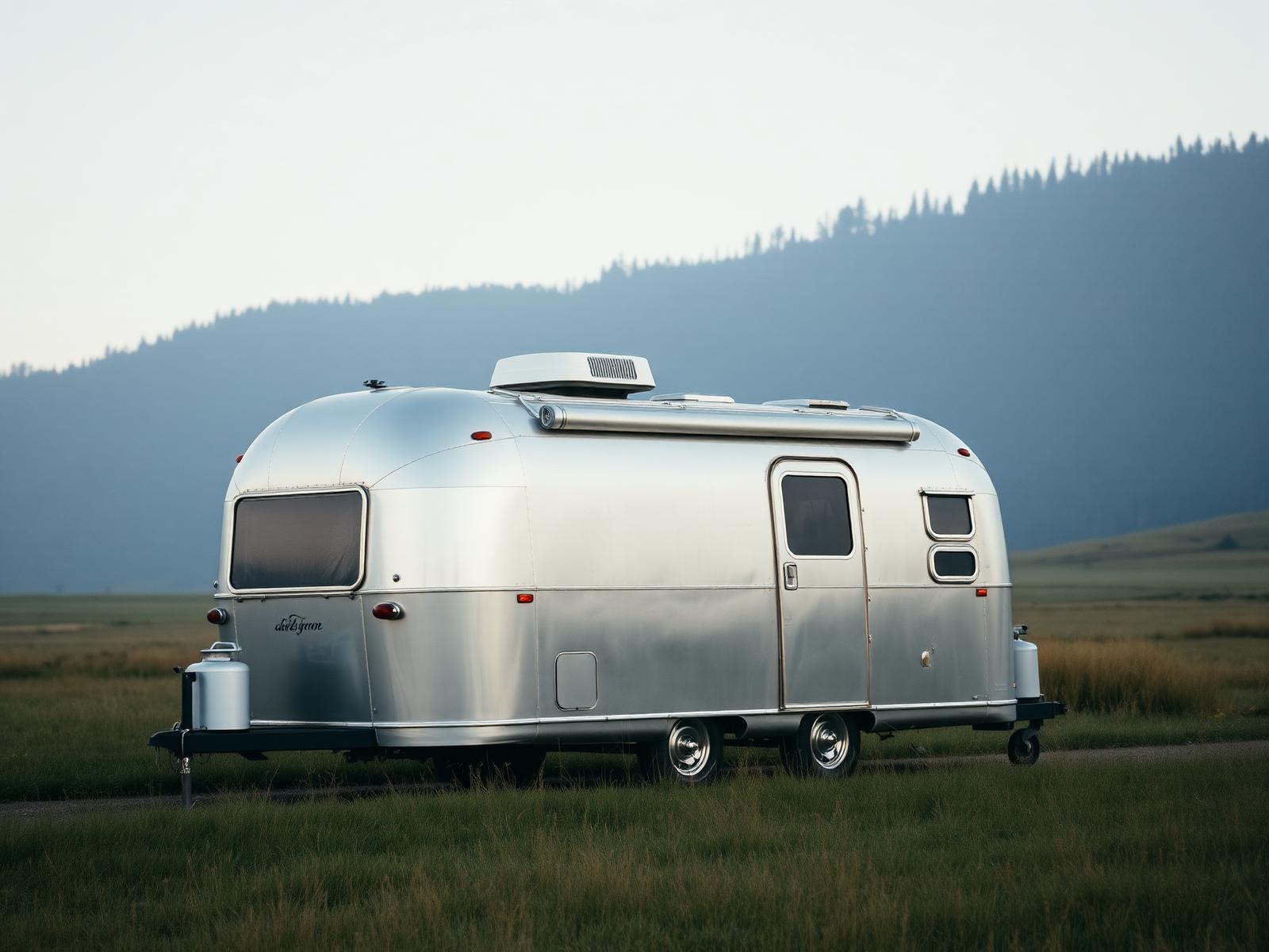 The polished vintage Airstream trailer parked at the edge of the meadow
