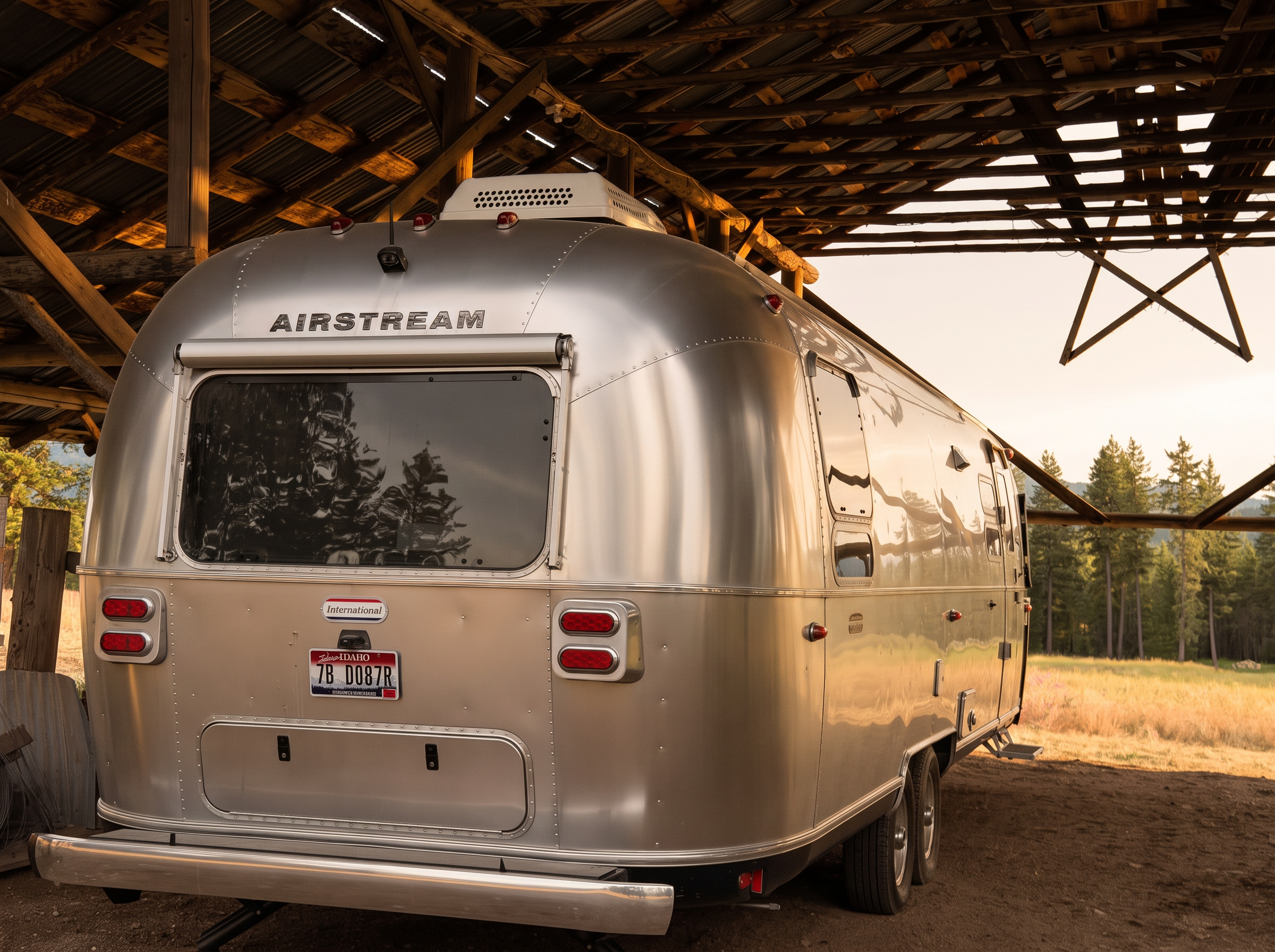 The polished vintage Airstream parked beneath the pole barn