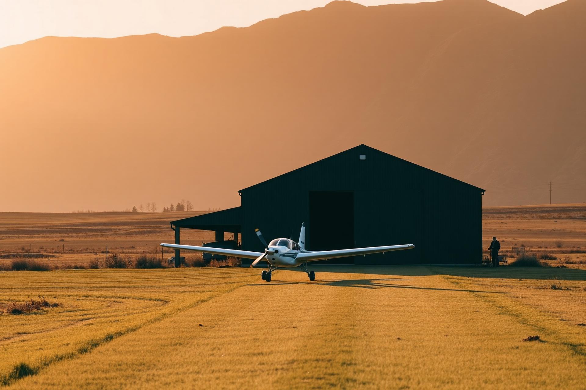 The private airstrip and hangar at golden hour, with a small plane on the grass runway