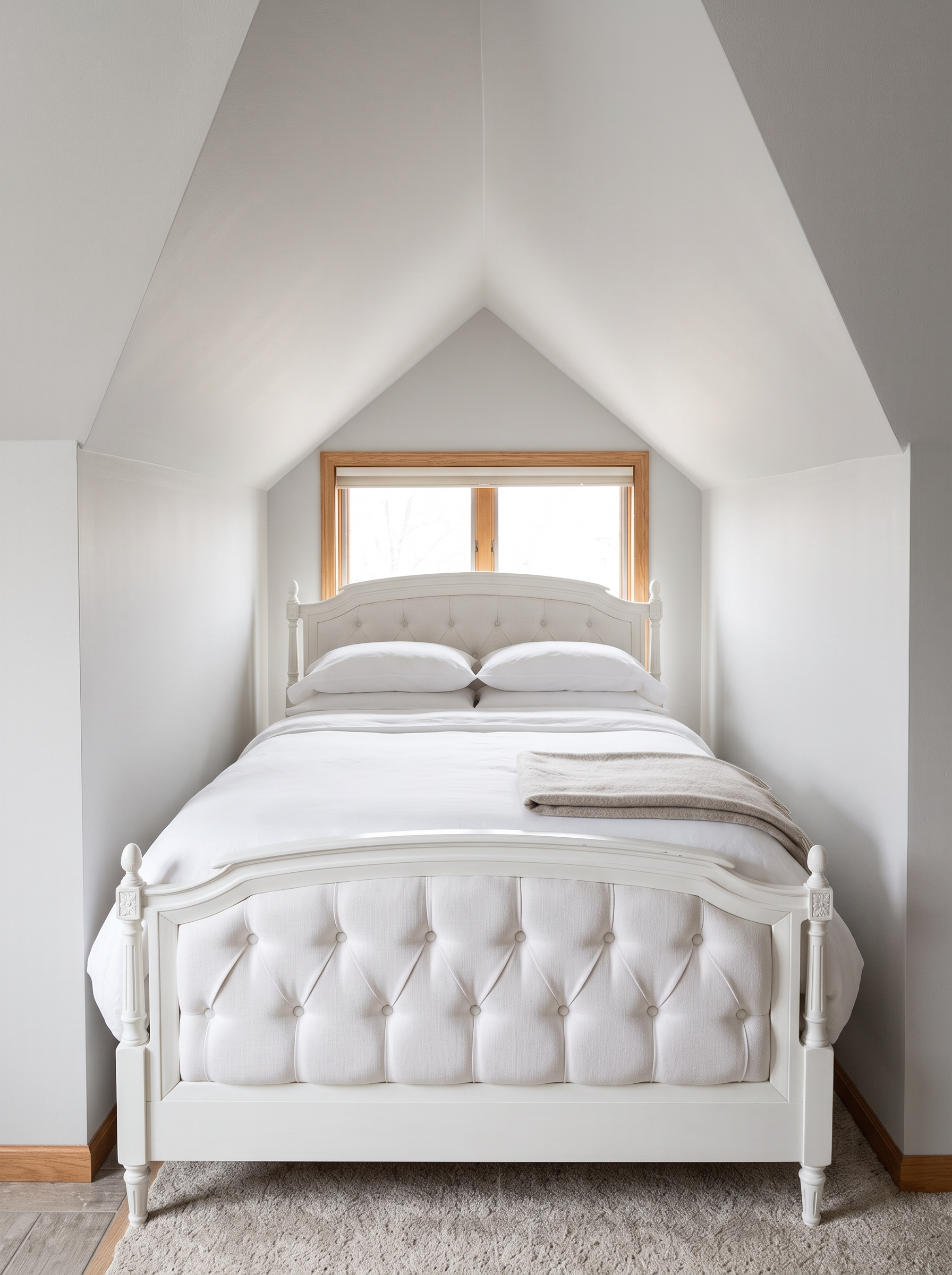 A bed tucked into the apartment's gable alcove