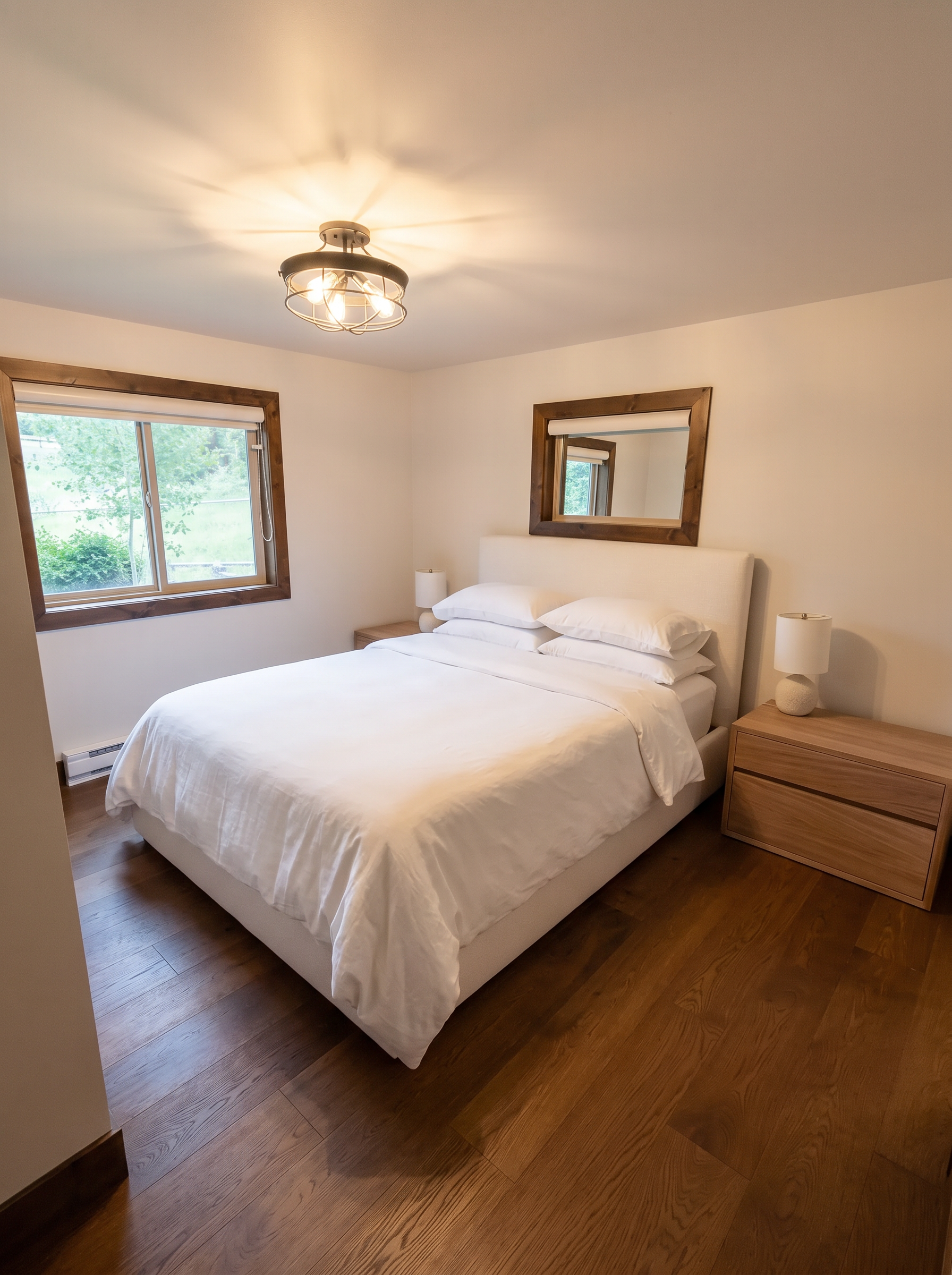 A bedroom in the main home dressed in white linen with a wool throw