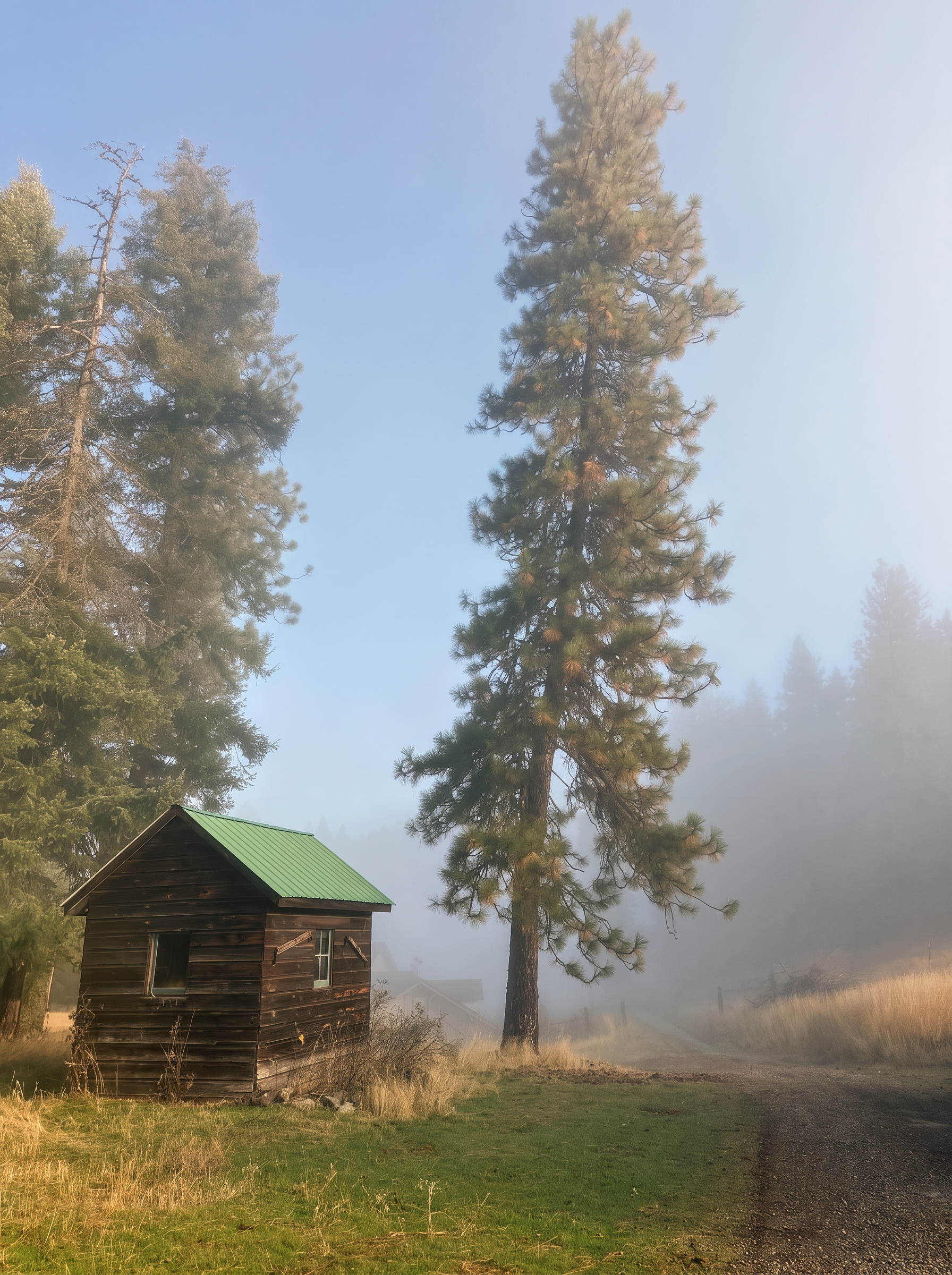 A weathered wood cabin with a green metal roof beneath a towering ponderosa in fog