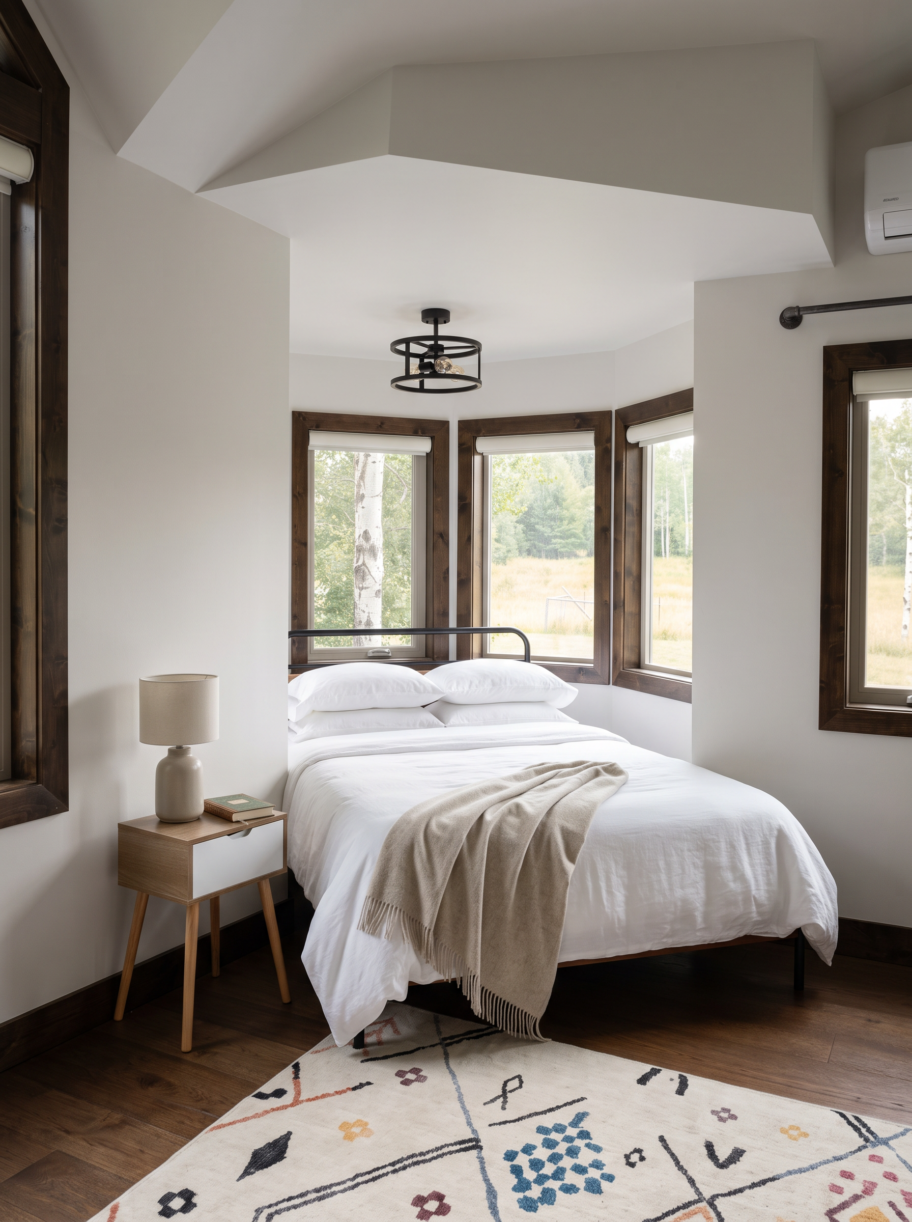 Afternoon light falling across white linen in the corner window bedroom