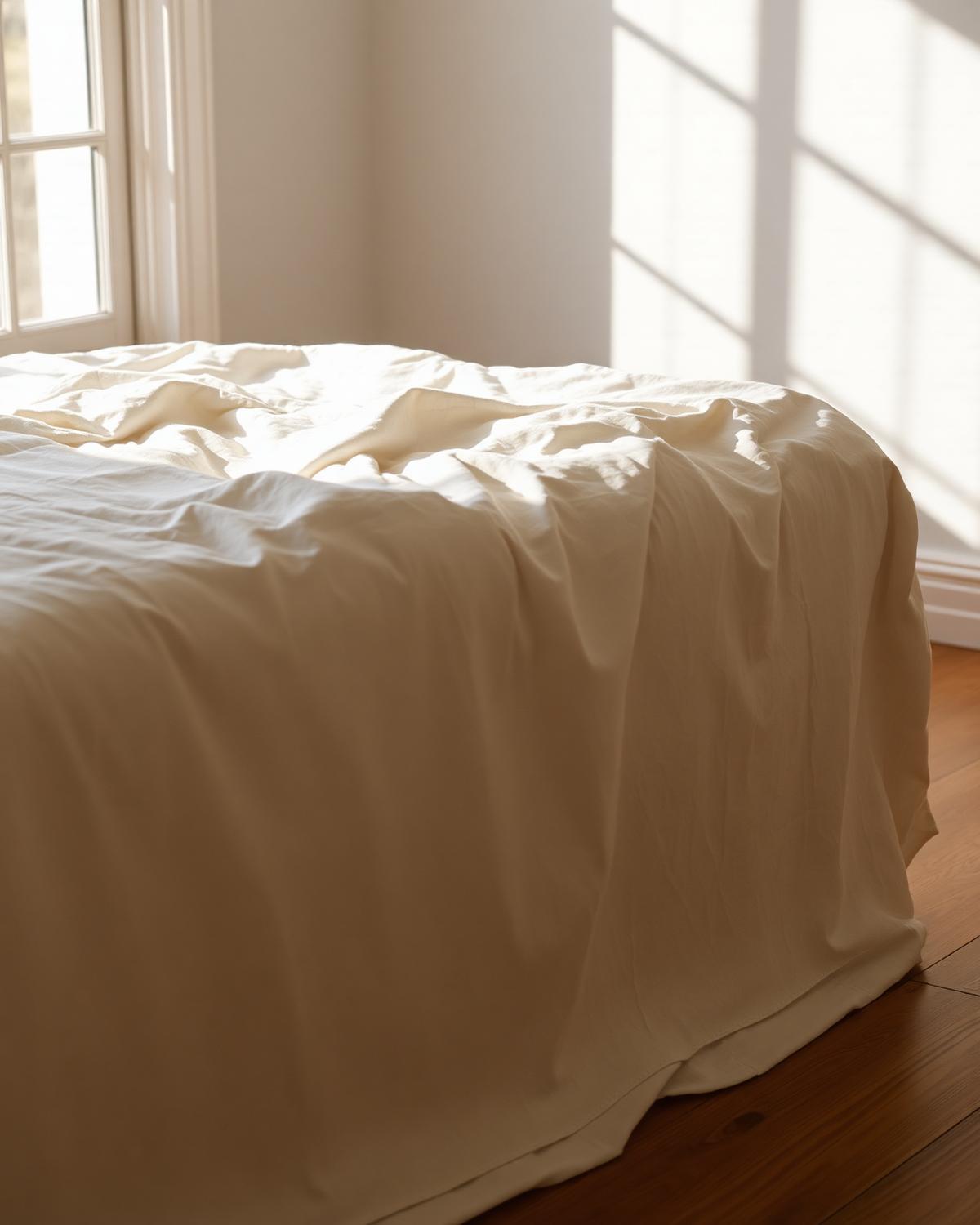 Afternoon light falling across a linen bed and wood floor