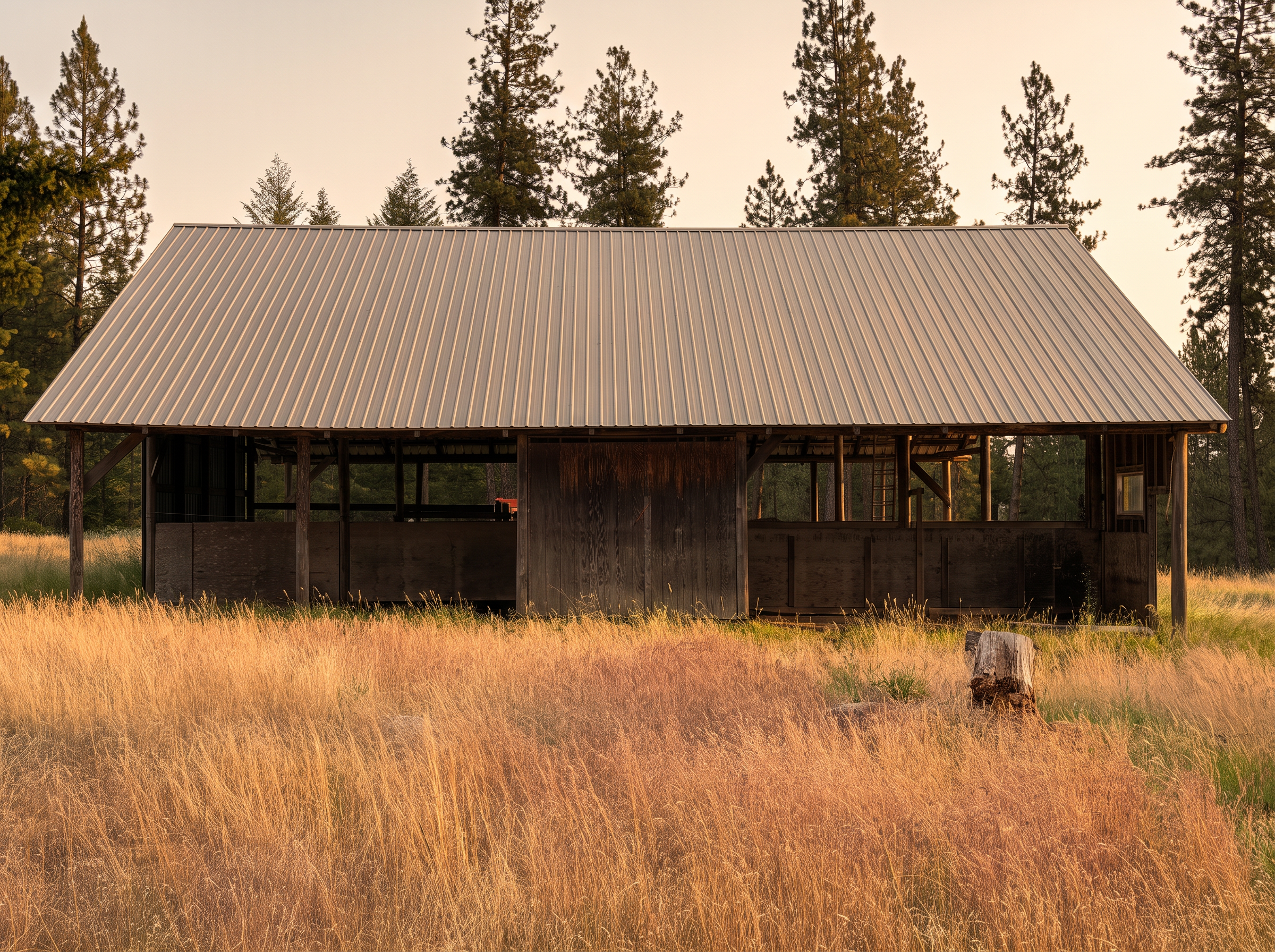 The metal equipment barn on the ranch