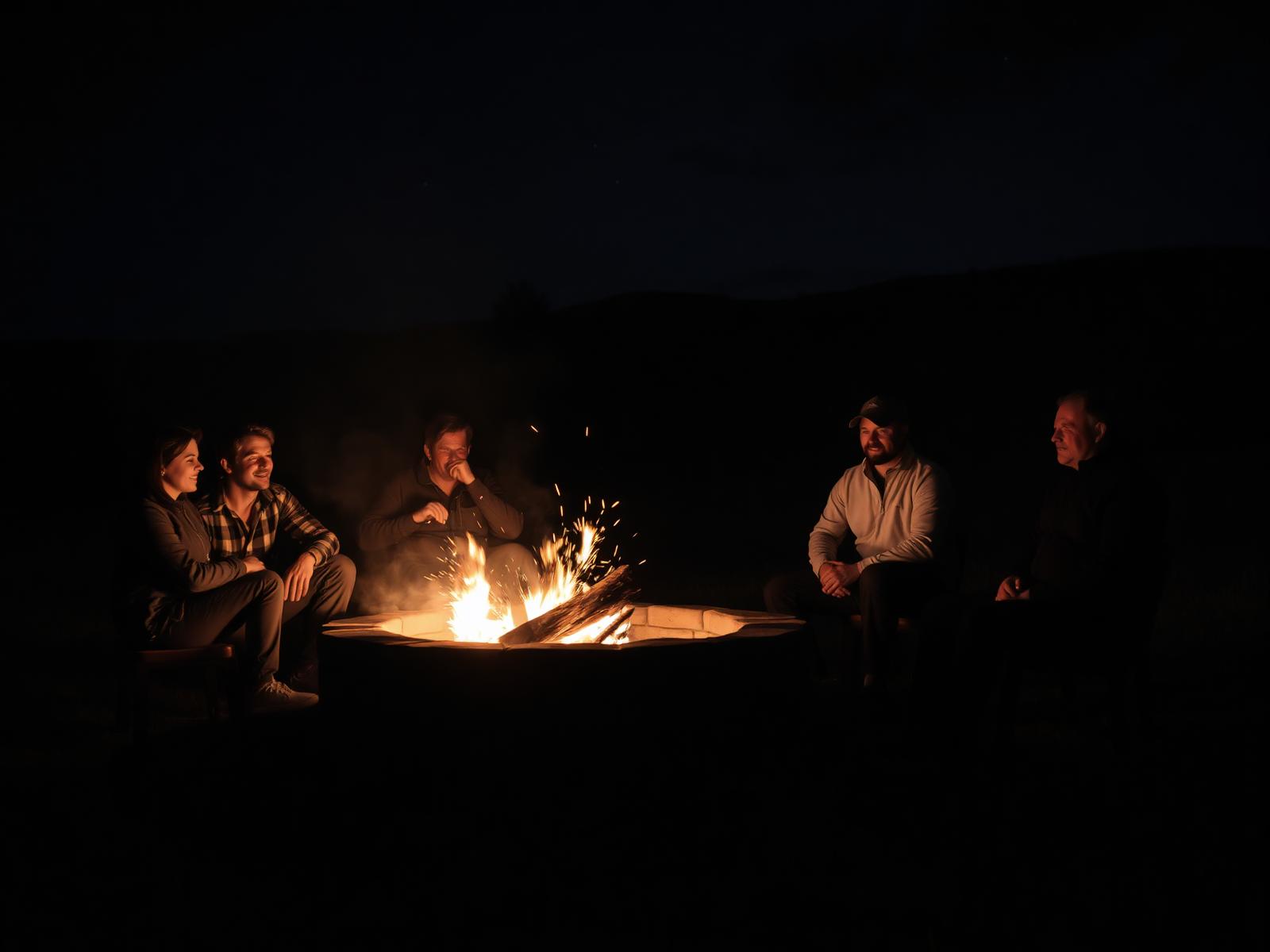 Friends around the stone fire pit under a dark Idaho sky