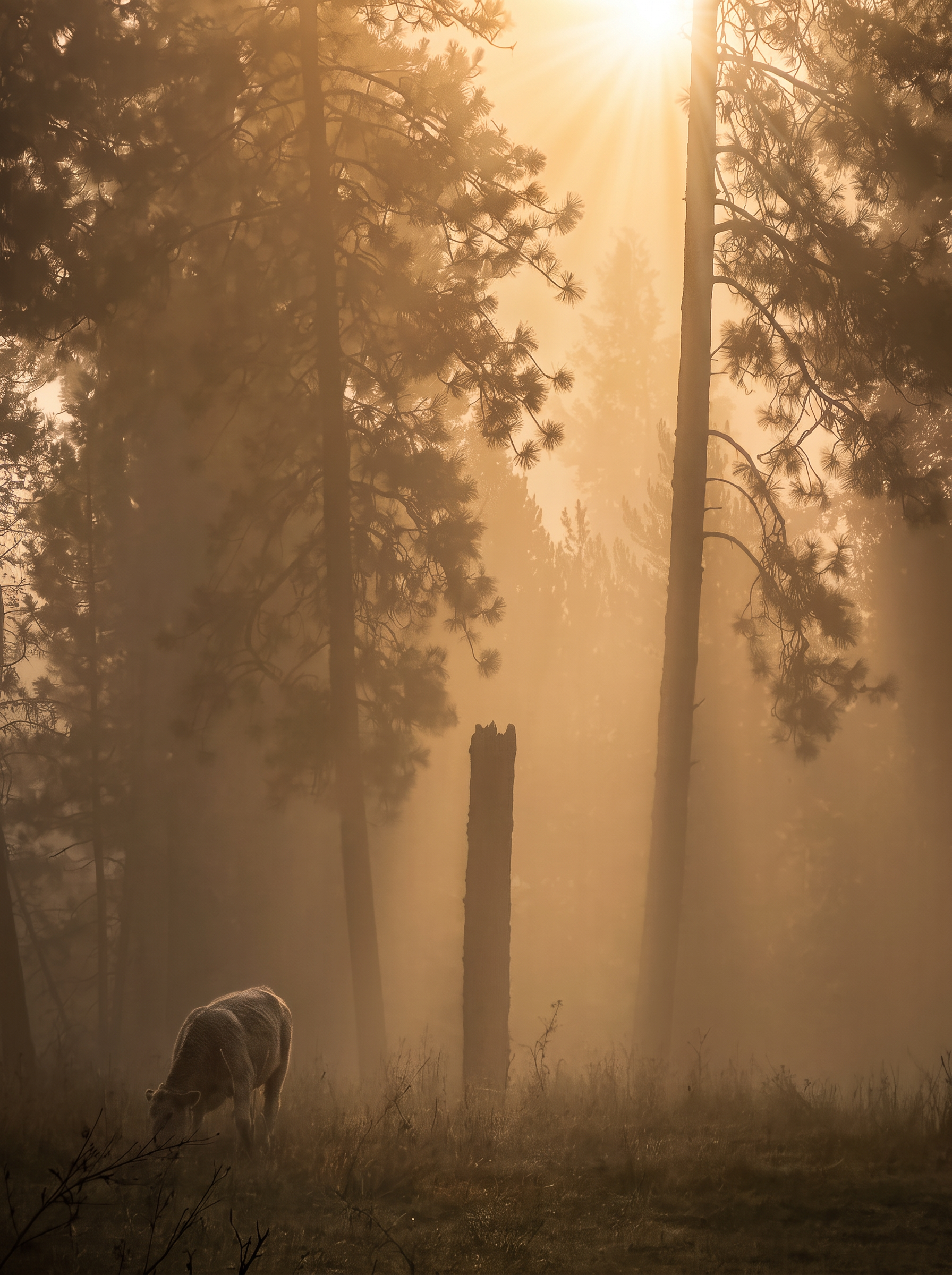 Sunbeams through foggy pines above a grazing animal and a weathered snag