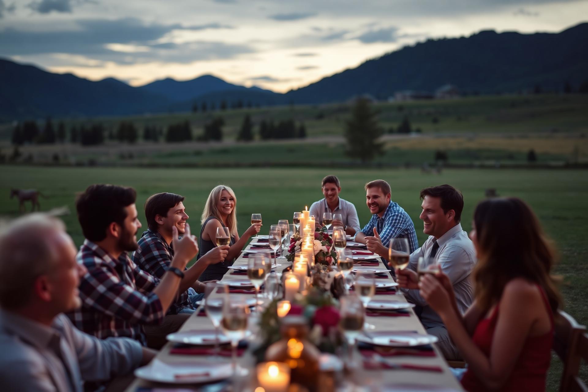 Friends gathered around a long outdoor dinner table on the ranch at dusk