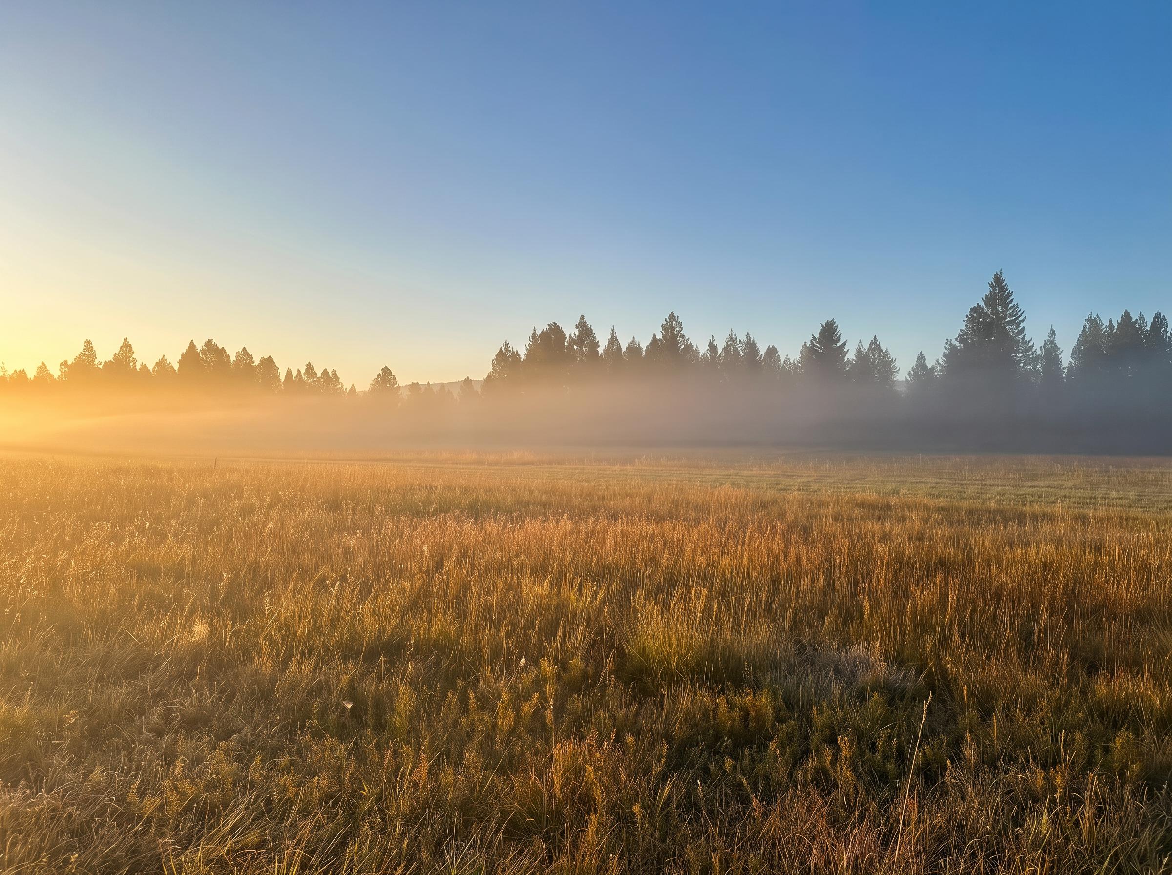 Golden meadow grass at first light, low fog drifting along the pine treeline