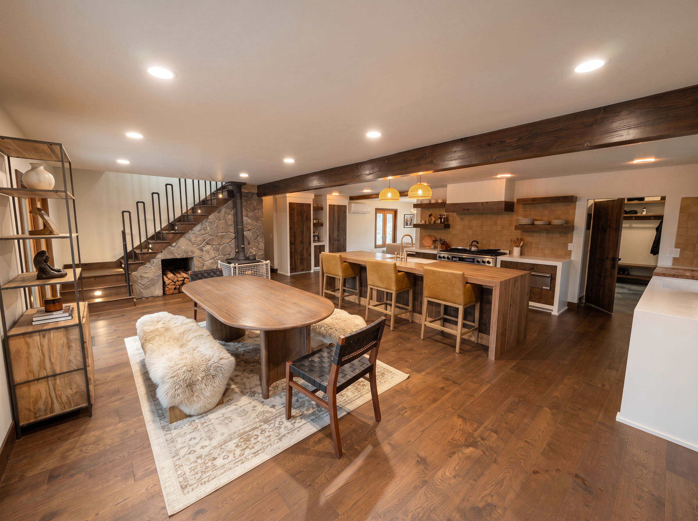 The great room and kitchen, with a long timber island and dining table beneath the beams