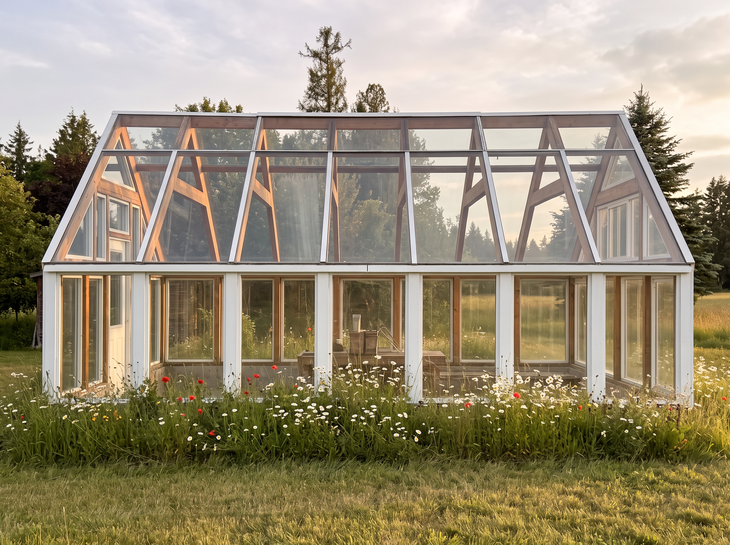 The glass greenhouse at the edge of the meadow