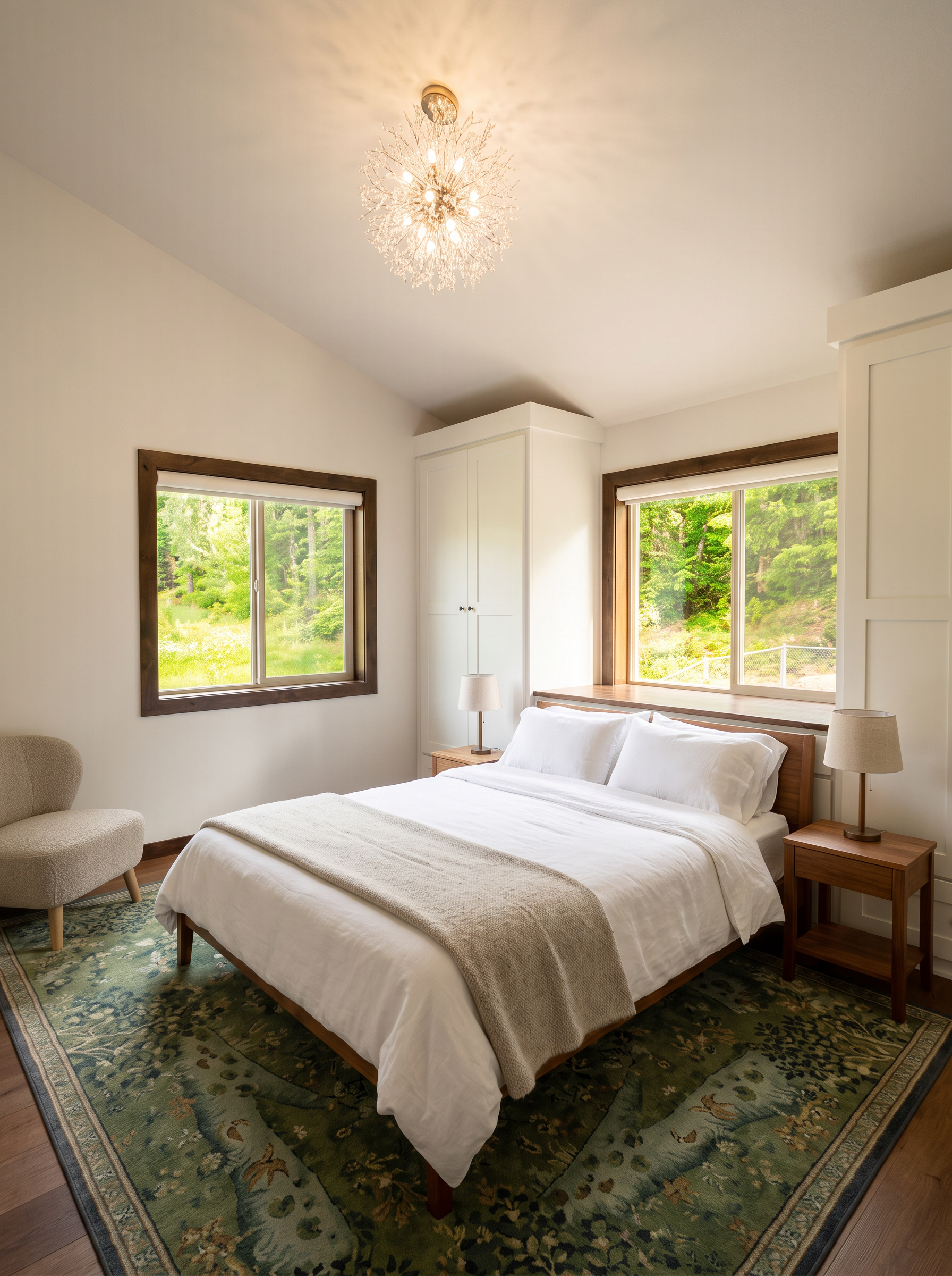 A guest room with white linen bedding, built-in cabinetry, and windows onto the forest