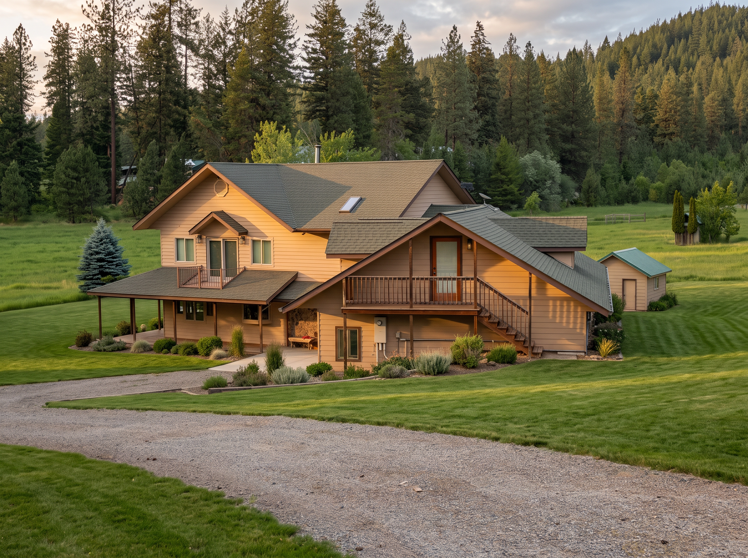 A ranch house at WELDER'S RANCH in late afternoon light, cedar decks and green gabled roofs set against the pine ridge
