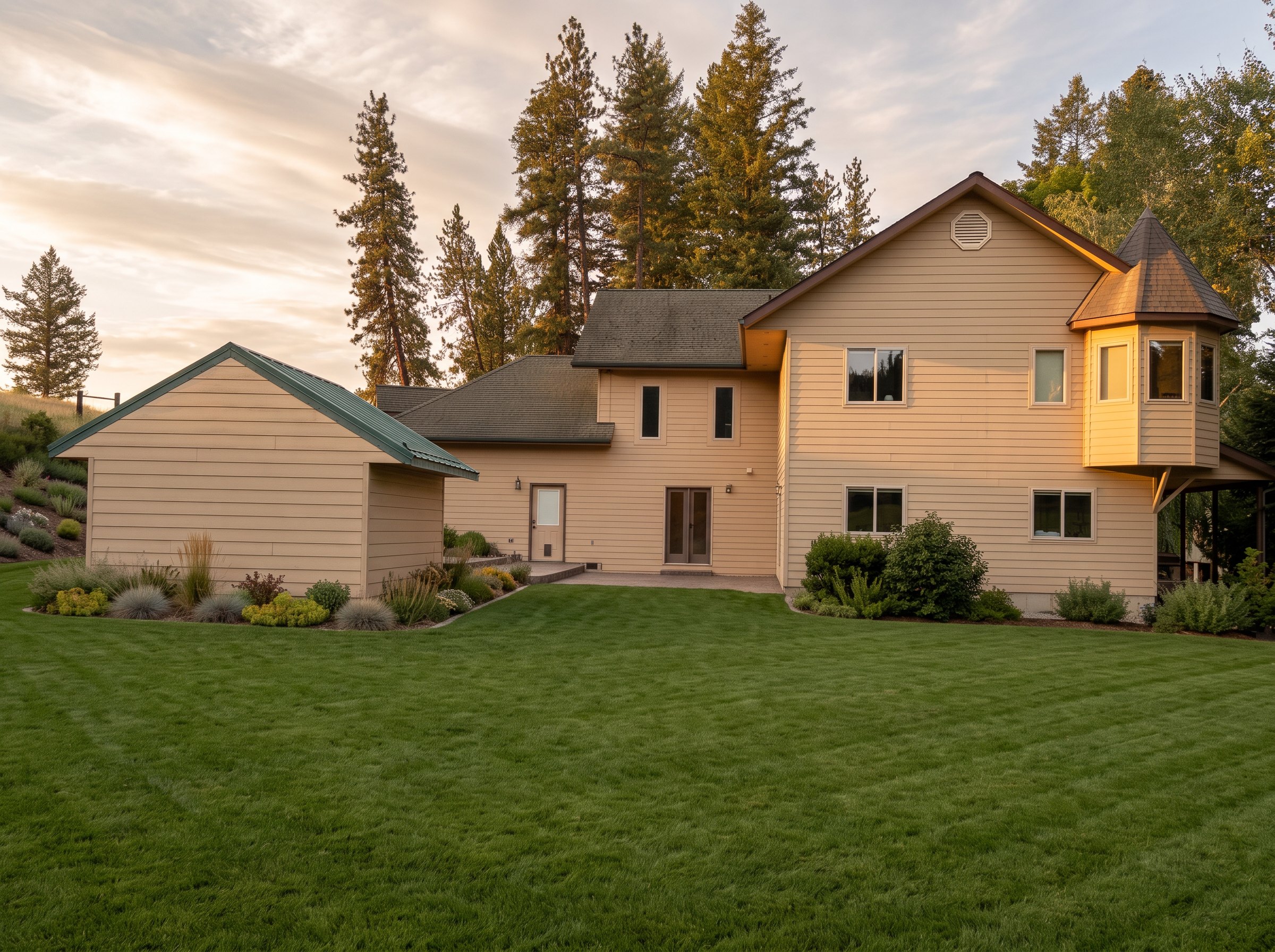 The garden side of the lodge with its shingled turret bay, mown lawn and native planting in warm evening light