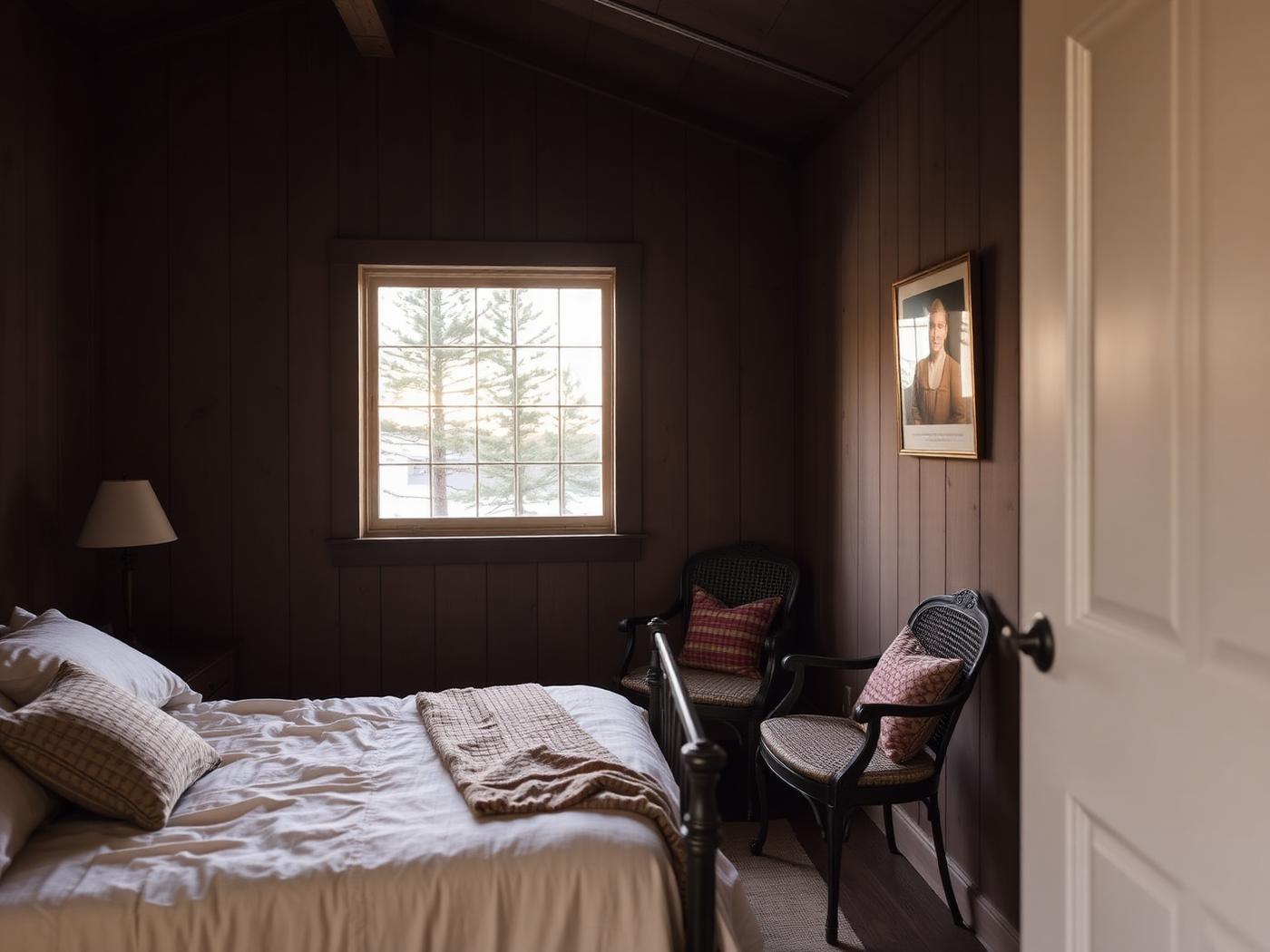 The private guest suite, with cream linen and a window framing the pines