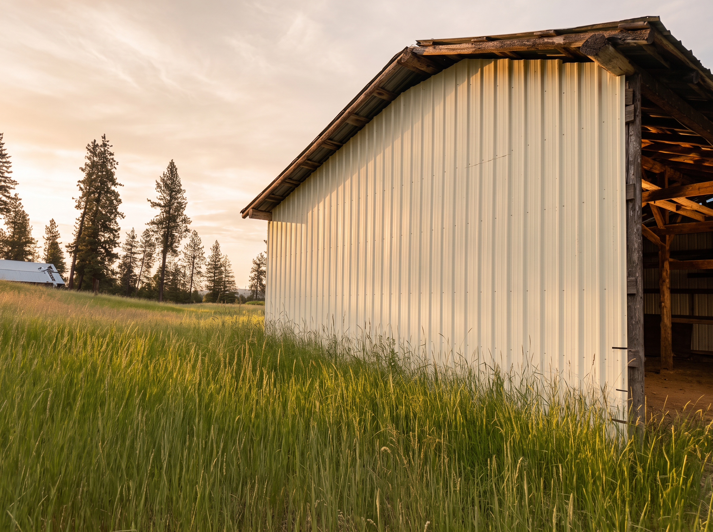 A weathered timber barn standing in tall meadow grass