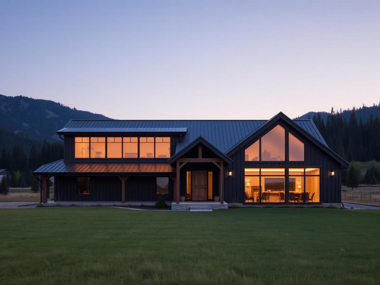 The main home at WELDER'S RANCH at dusk, windows glowing against the Idaho hills