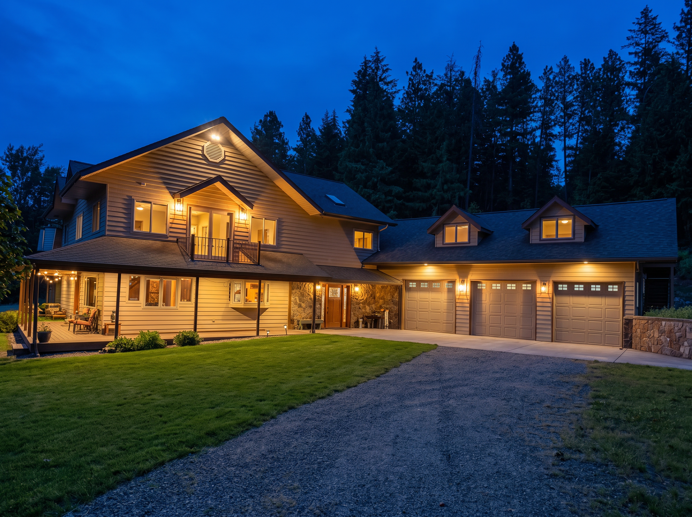 The main home at WELDER'S RANCH at blue hour, windows and porch lights glowing against the pines