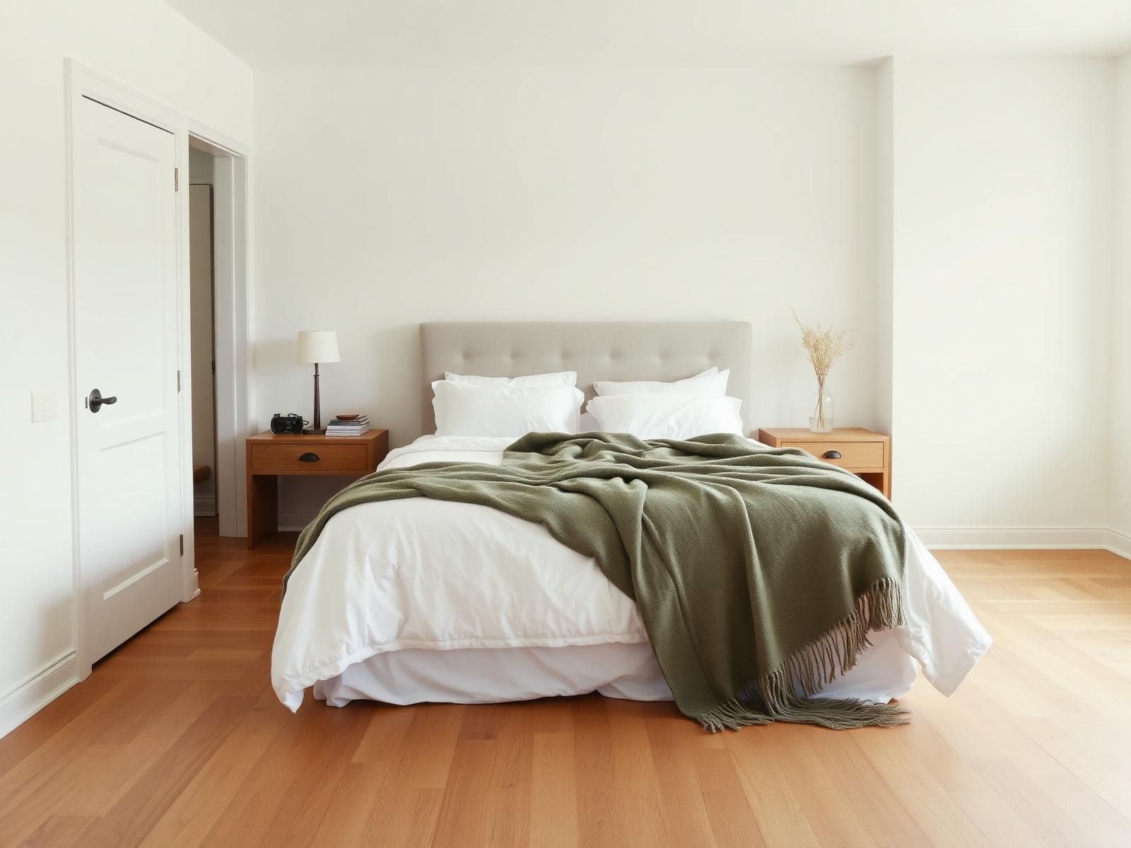 A calm bedroom in the main home with linen bedding and a sage wool throw