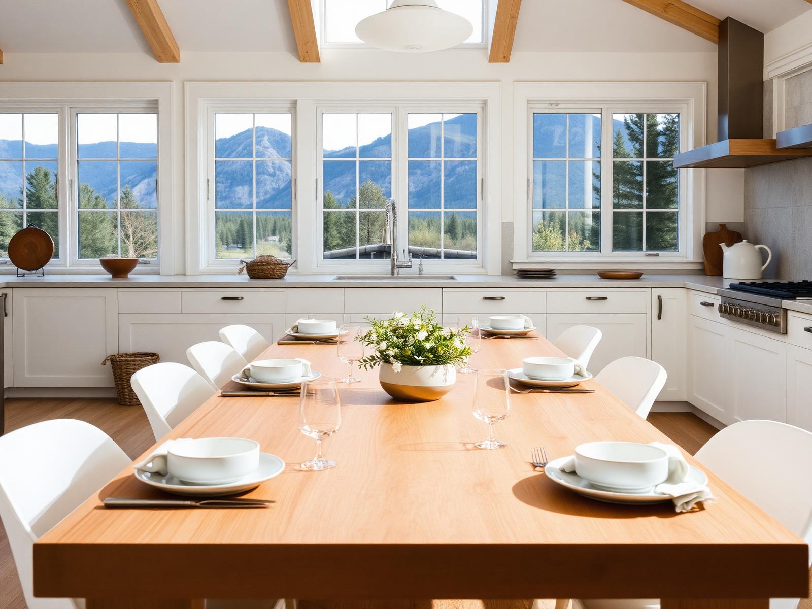 Long wood dining table in the ranch kitchen, set for a gathering, with mountain views
