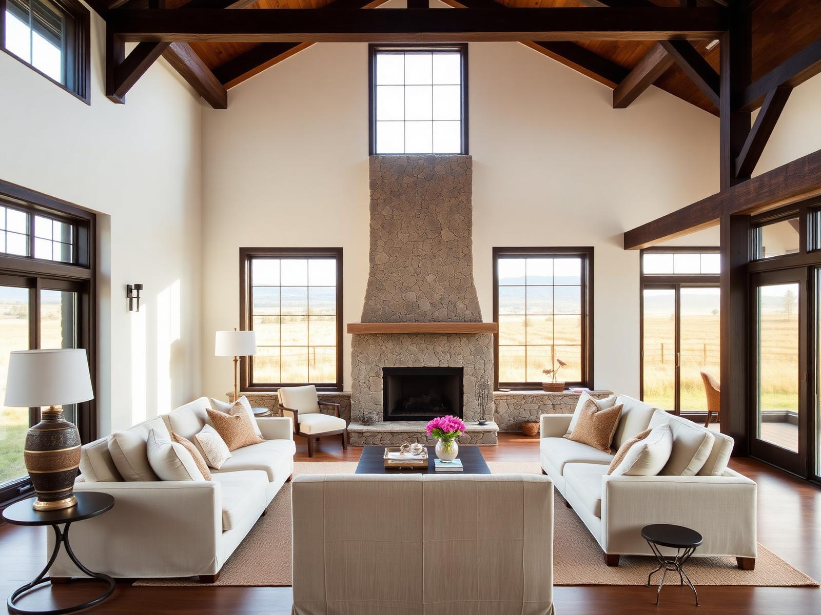 Living room of the main home with stone fireplace, timber beams, and meadow views