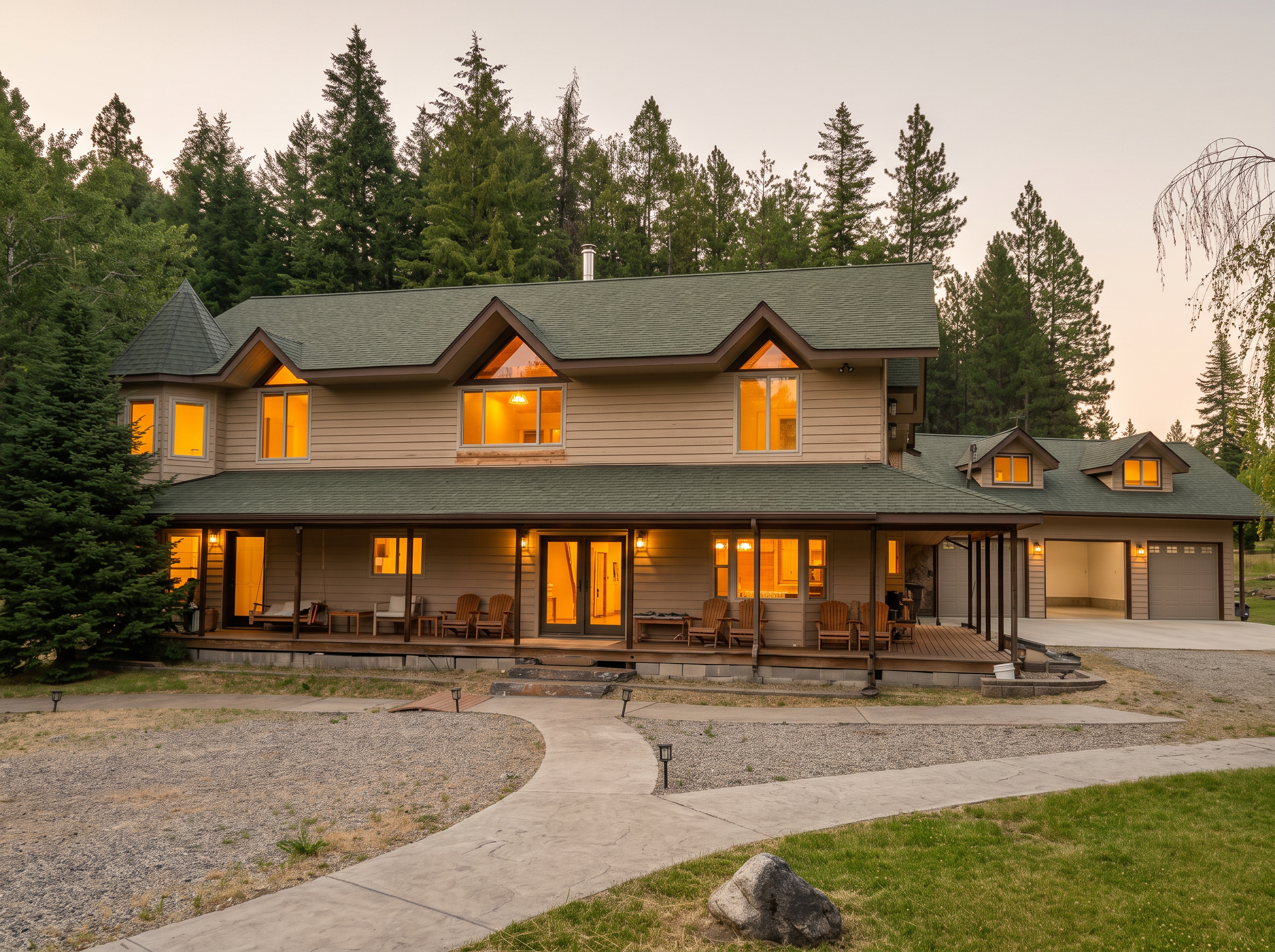 The main home from the drive at golden hour, its long porch and glowing windows set against the pine ridge