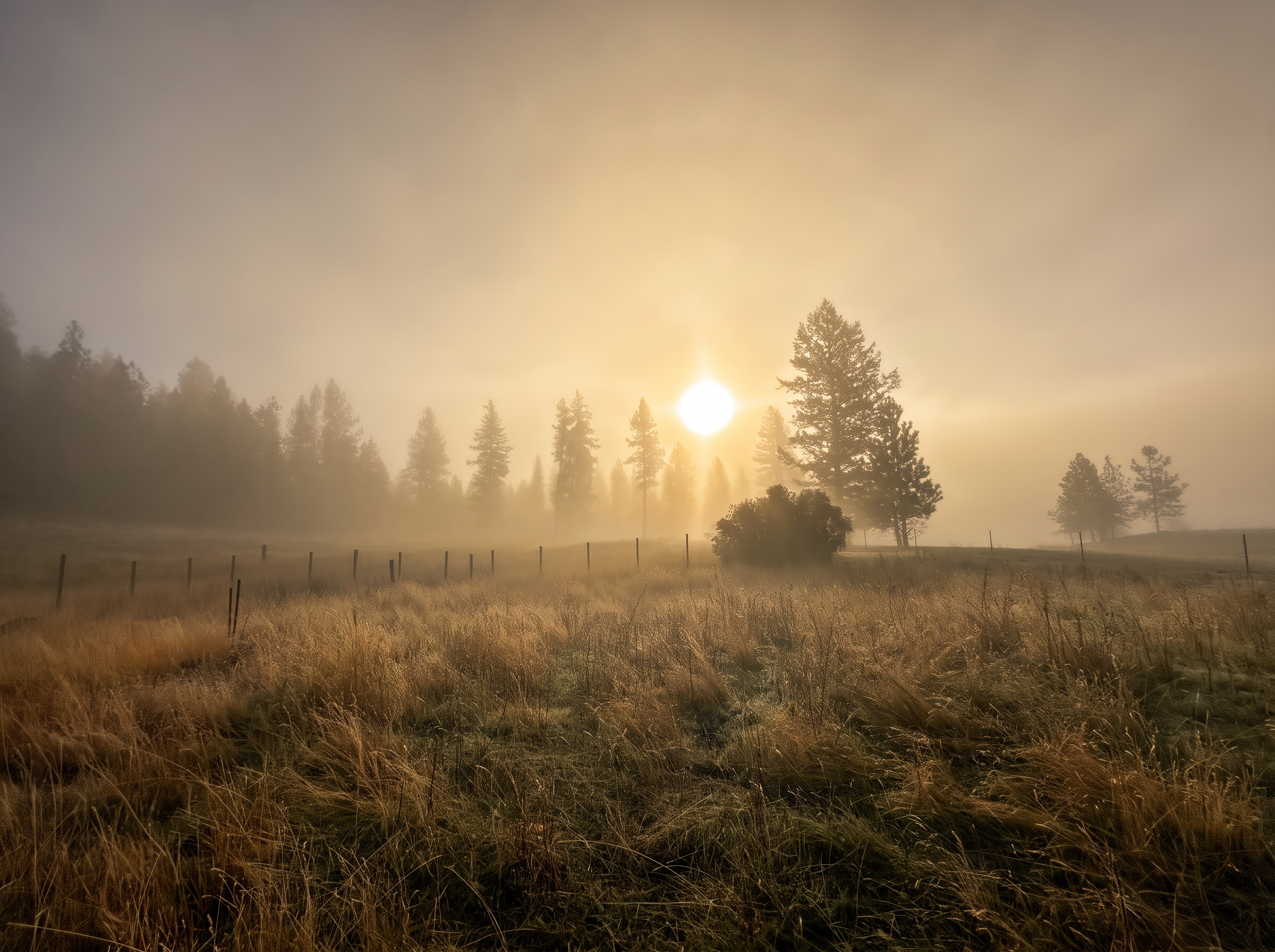 The meadow at sunrise, a fence line and pines softened by golden fog