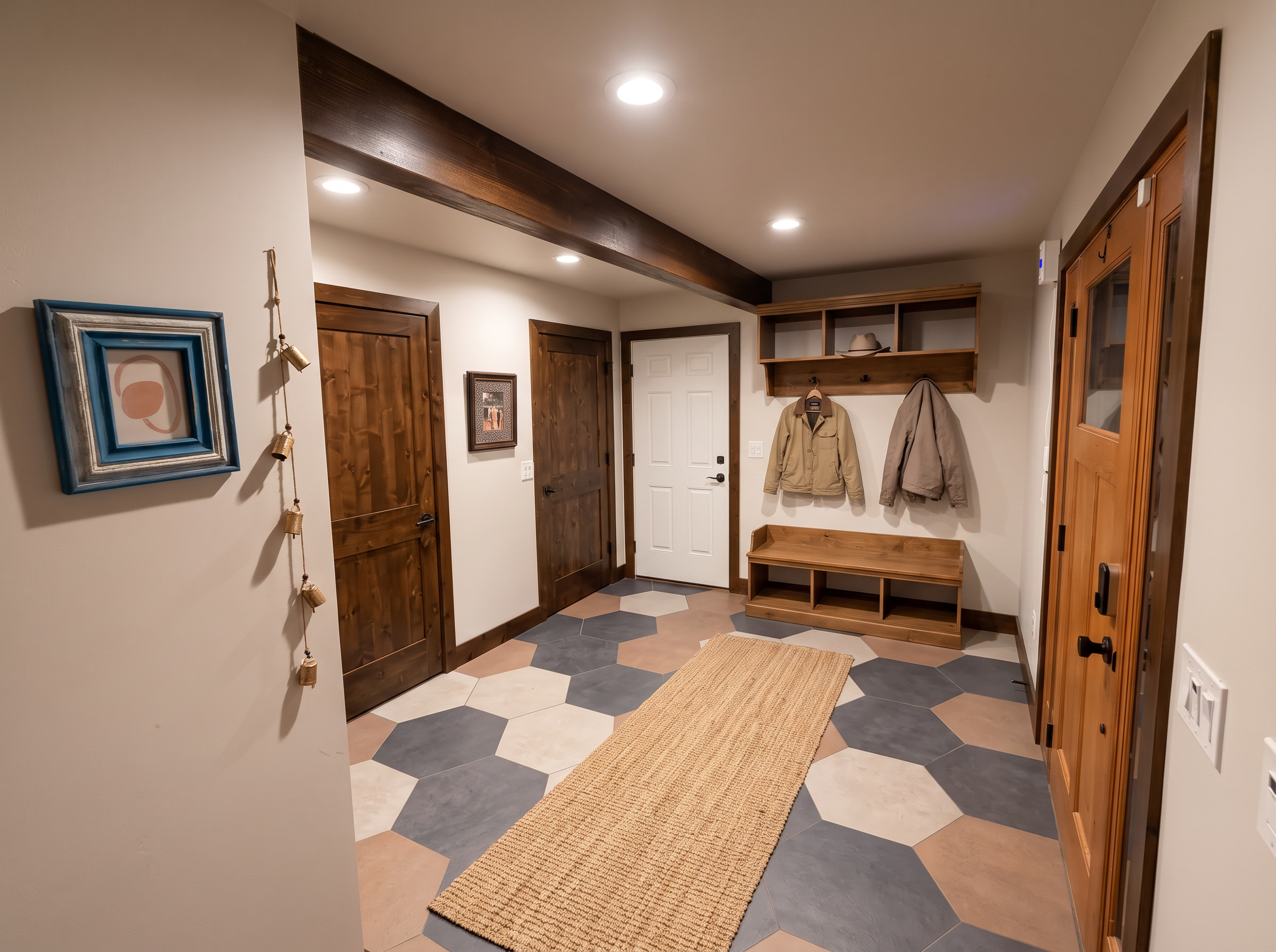 The entry hall of the main home with timber doors and stone floor