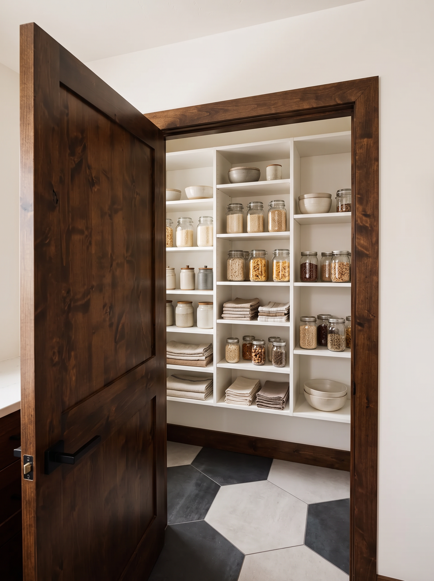 The walk-in pantry with open shelving