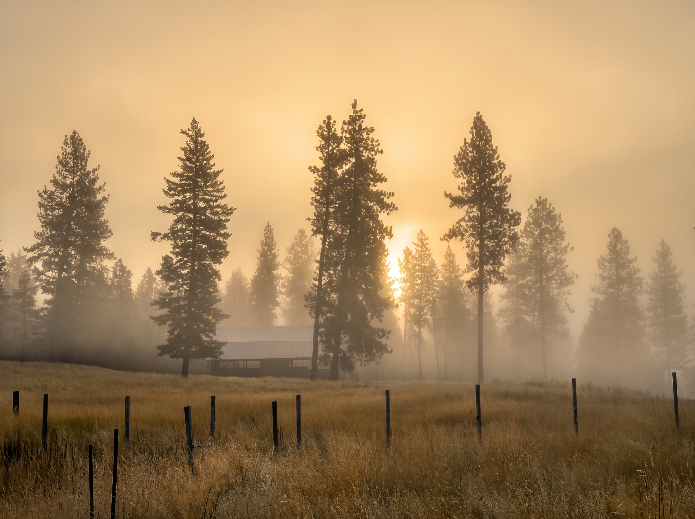 Tall pines and the pole barn in golden fog, fence posts standing in the dry meadow