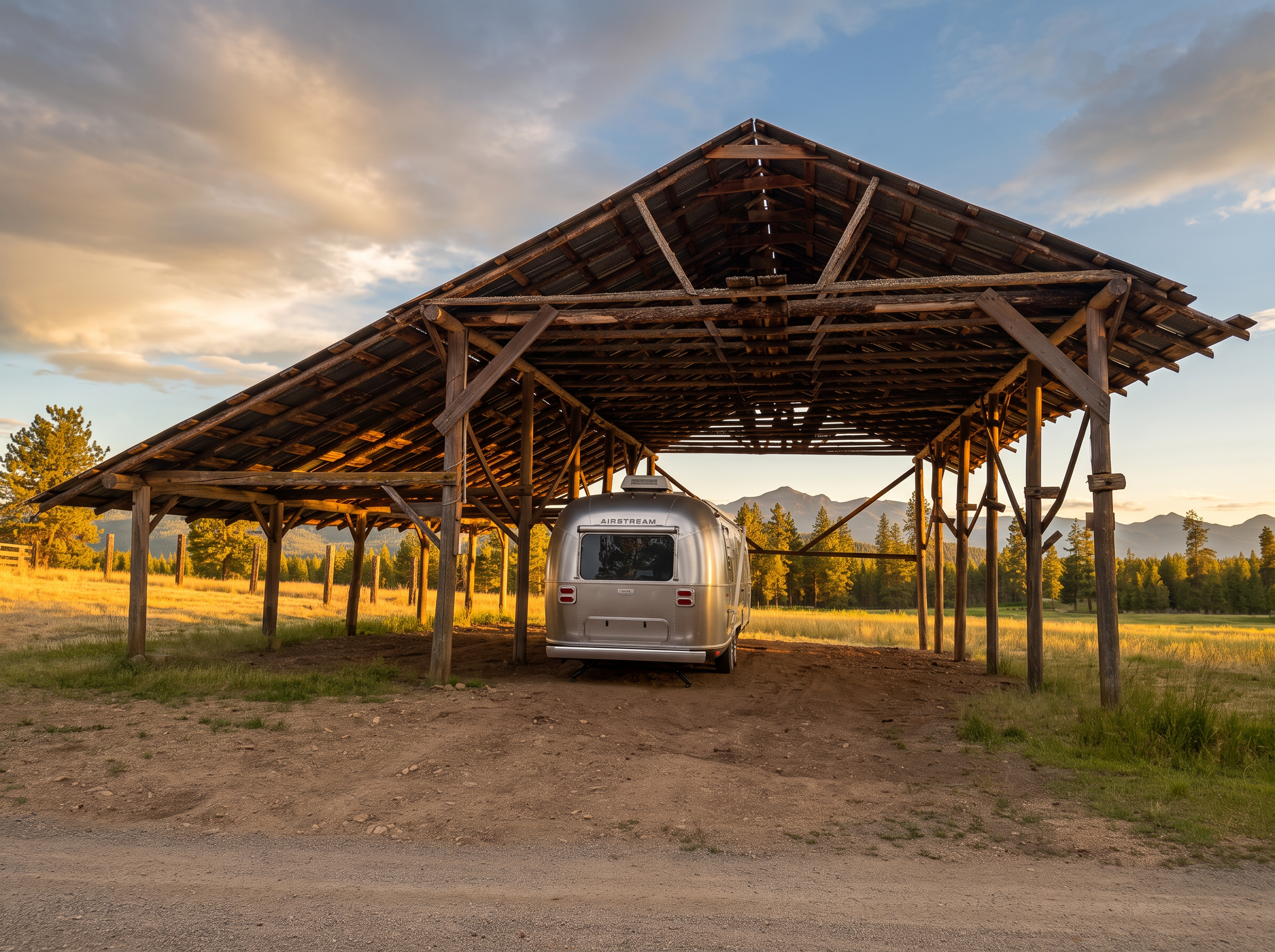 The pole barn at golden hour with the Airstream beneath it