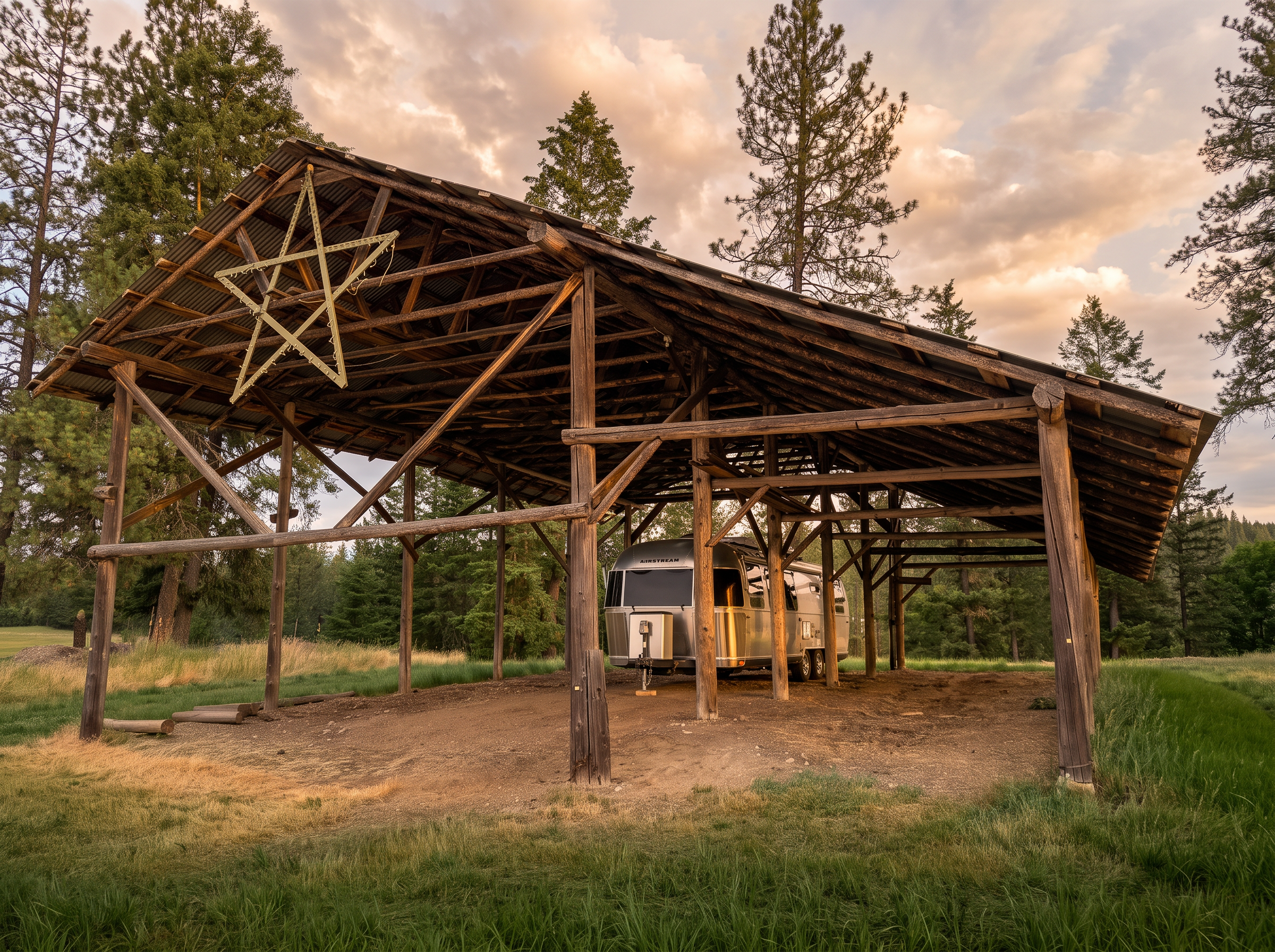 The timber pole barn with a metal star above the bay