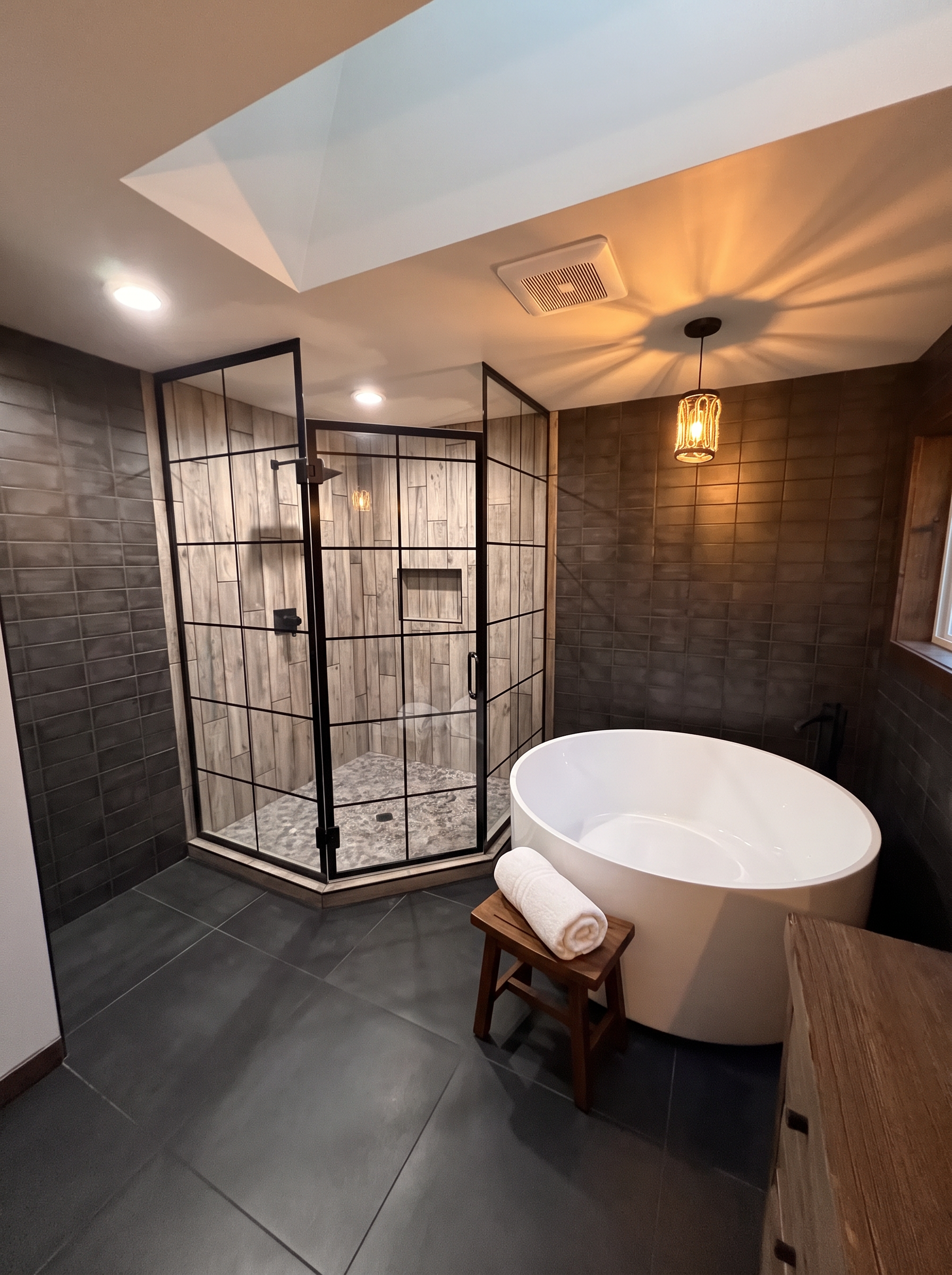 A black framed glass corner shower with a river rock floor