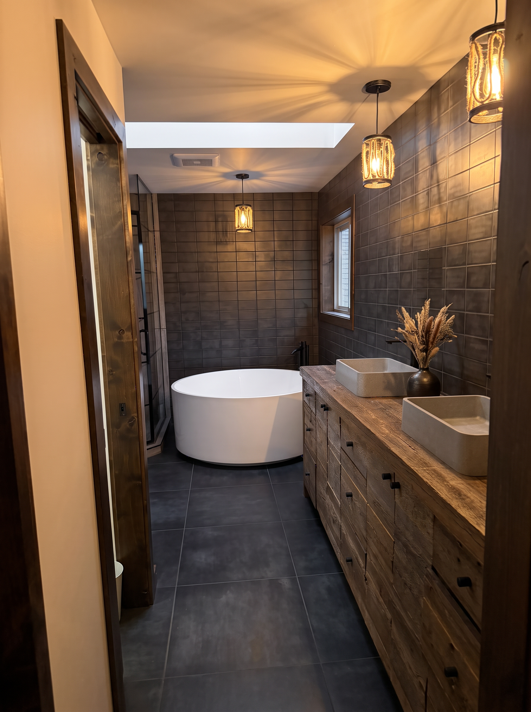 The primary bath in charcoal tile with a round soaking tub beneath a skylight