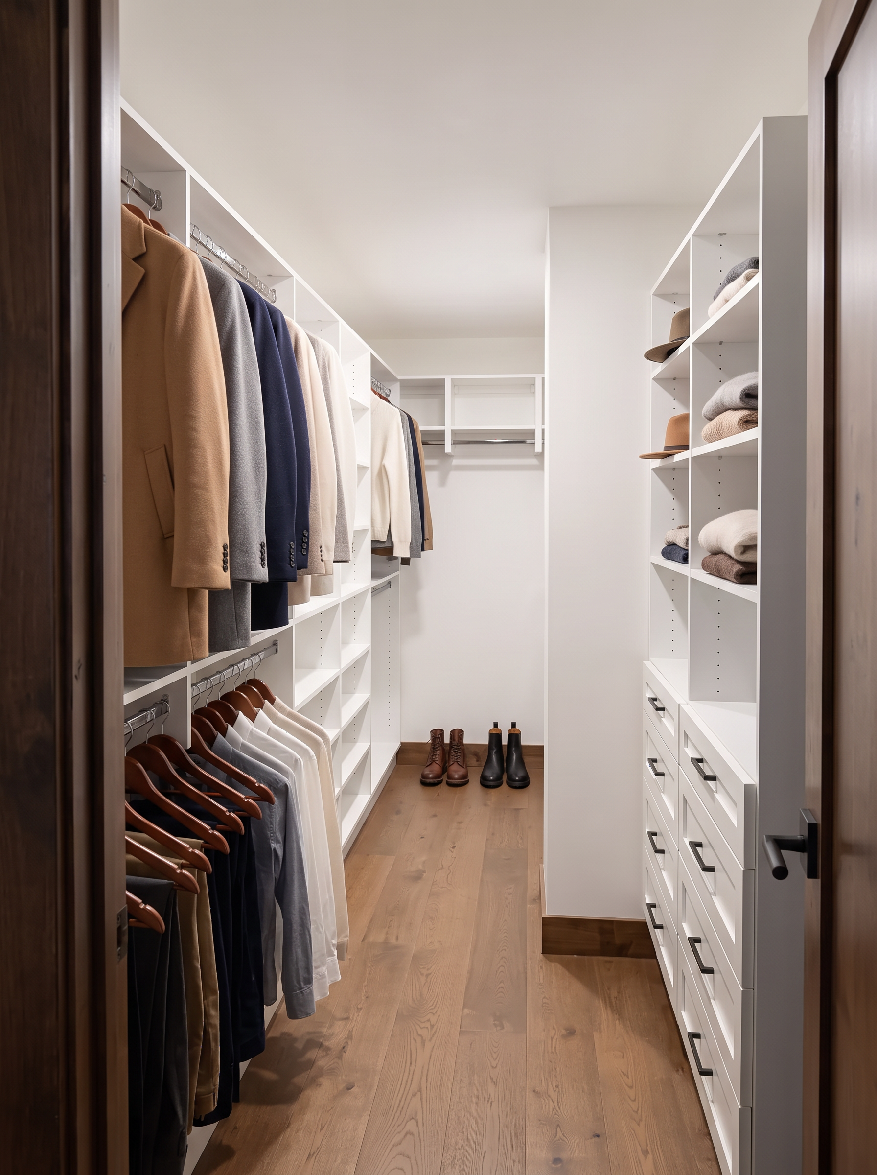 The primary closet with open shelving and timber detail