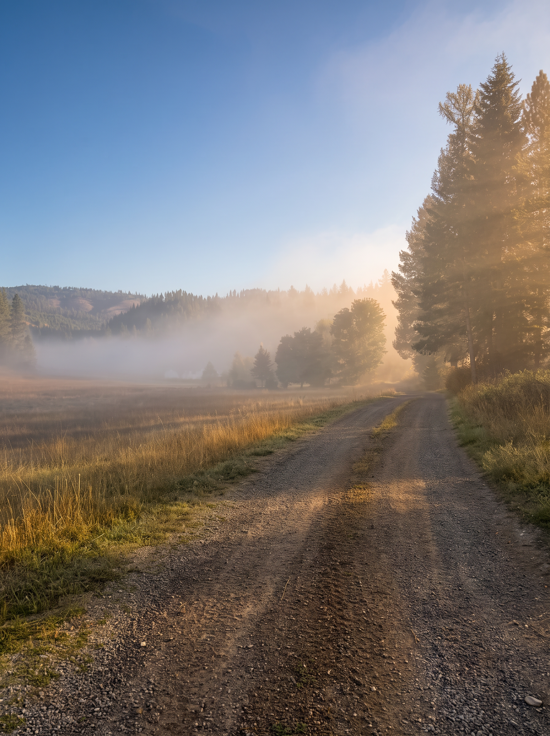 The gravel ranch road beside the meadow, fog settled in the valley below the hills