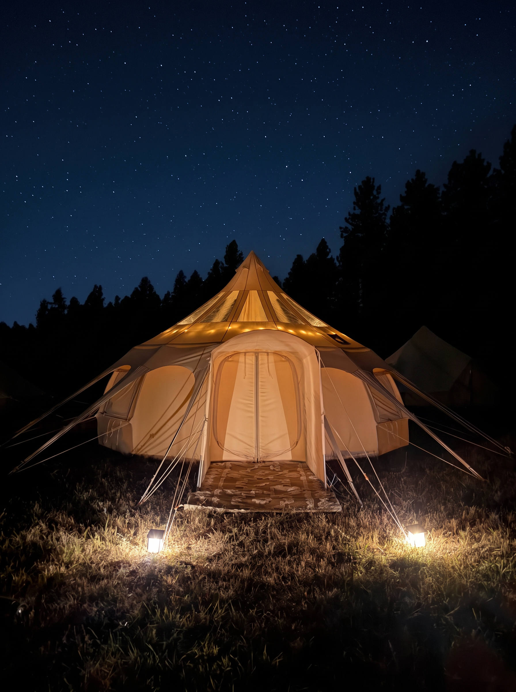 A glowing canvas tent lit by lanterns under a starry sky