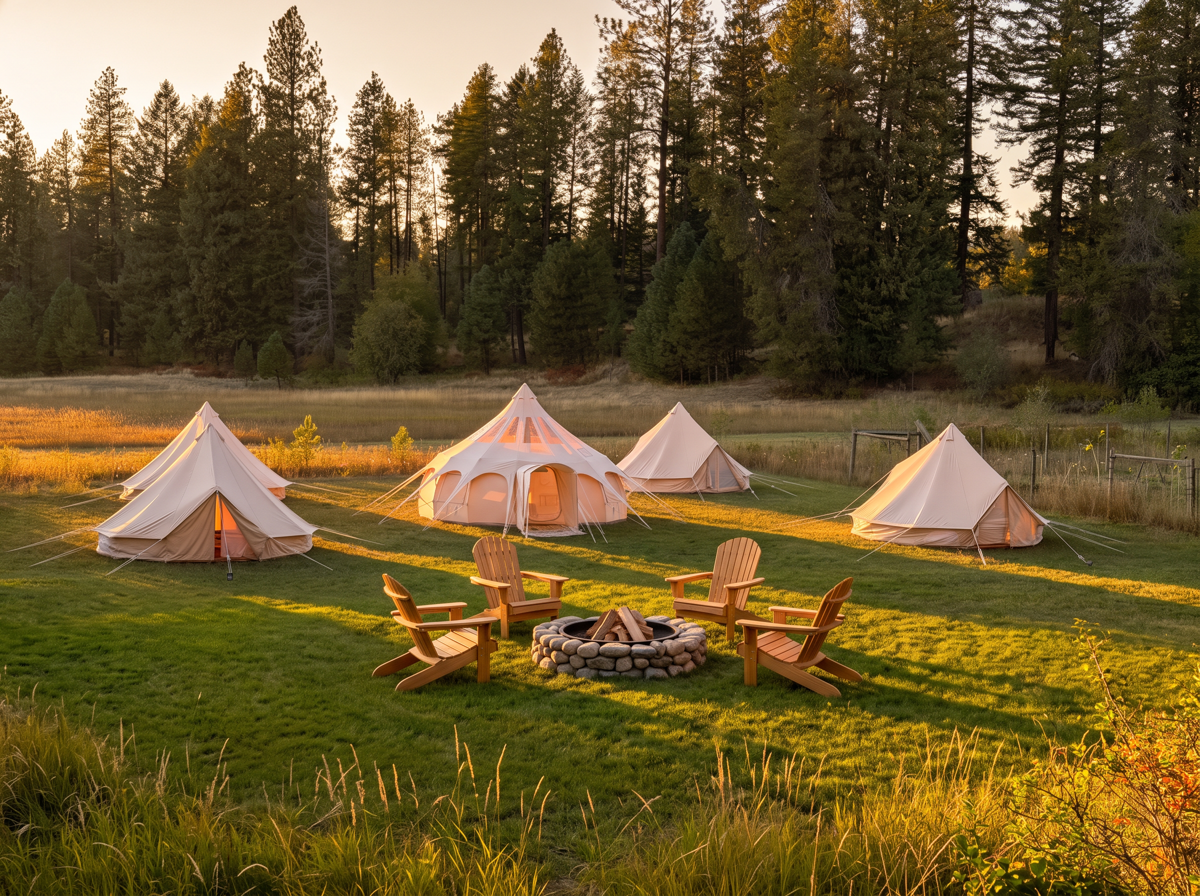 Canvas bell tents in the meadow at golden hour around a stone fire ring
