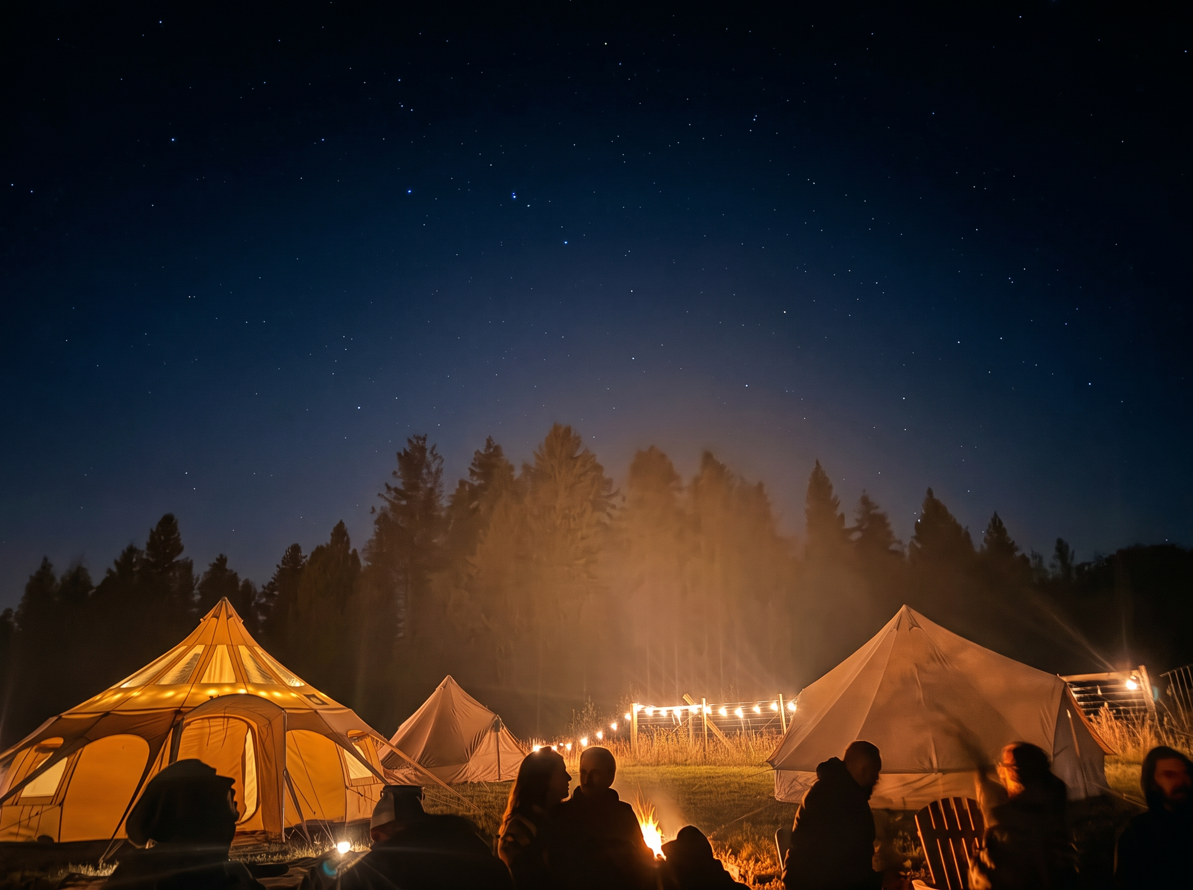 A group gathered around the fire between glowing tents under the stars