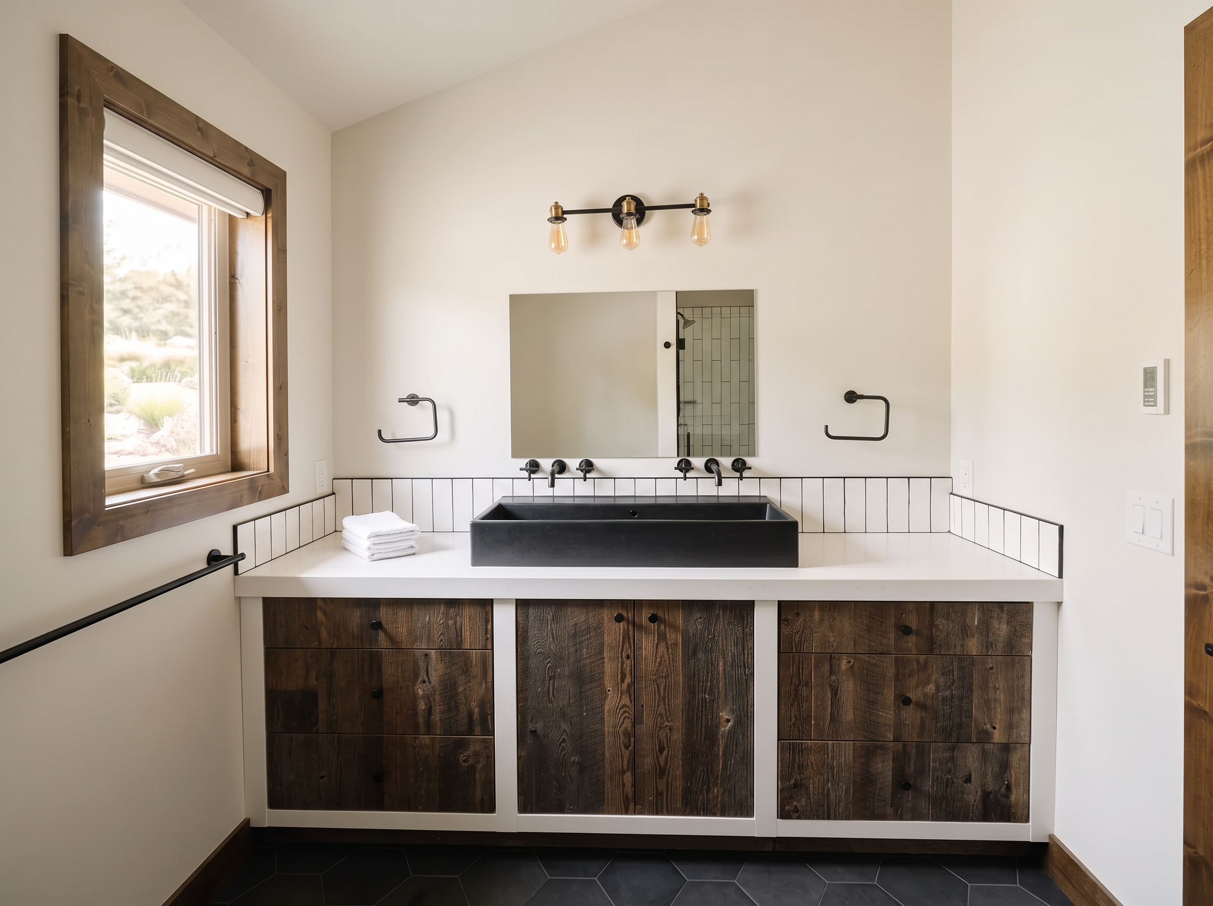 A bath with a long trough sink and timber vanity