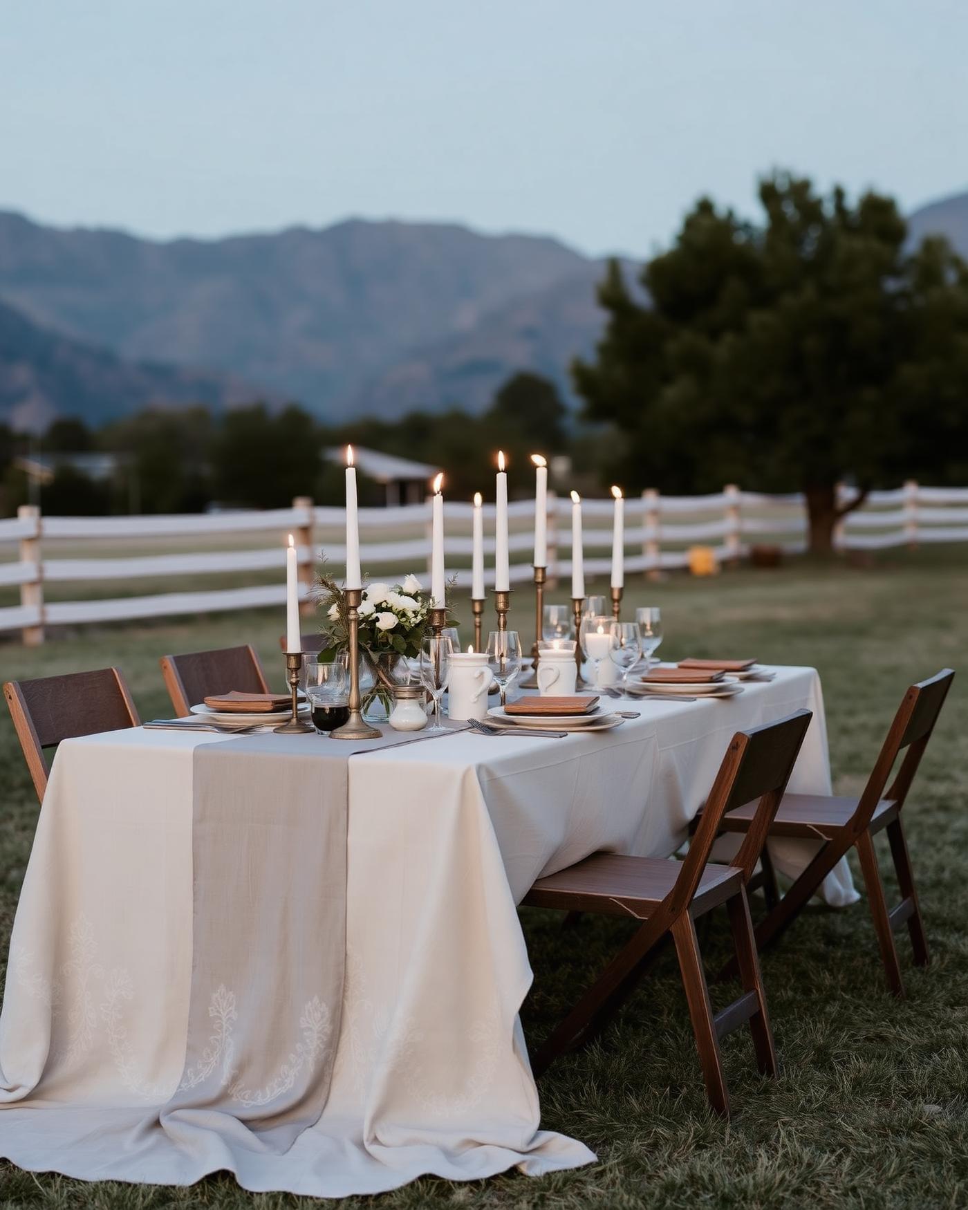 A candlelit wedding dinner table outdoors at blue hour