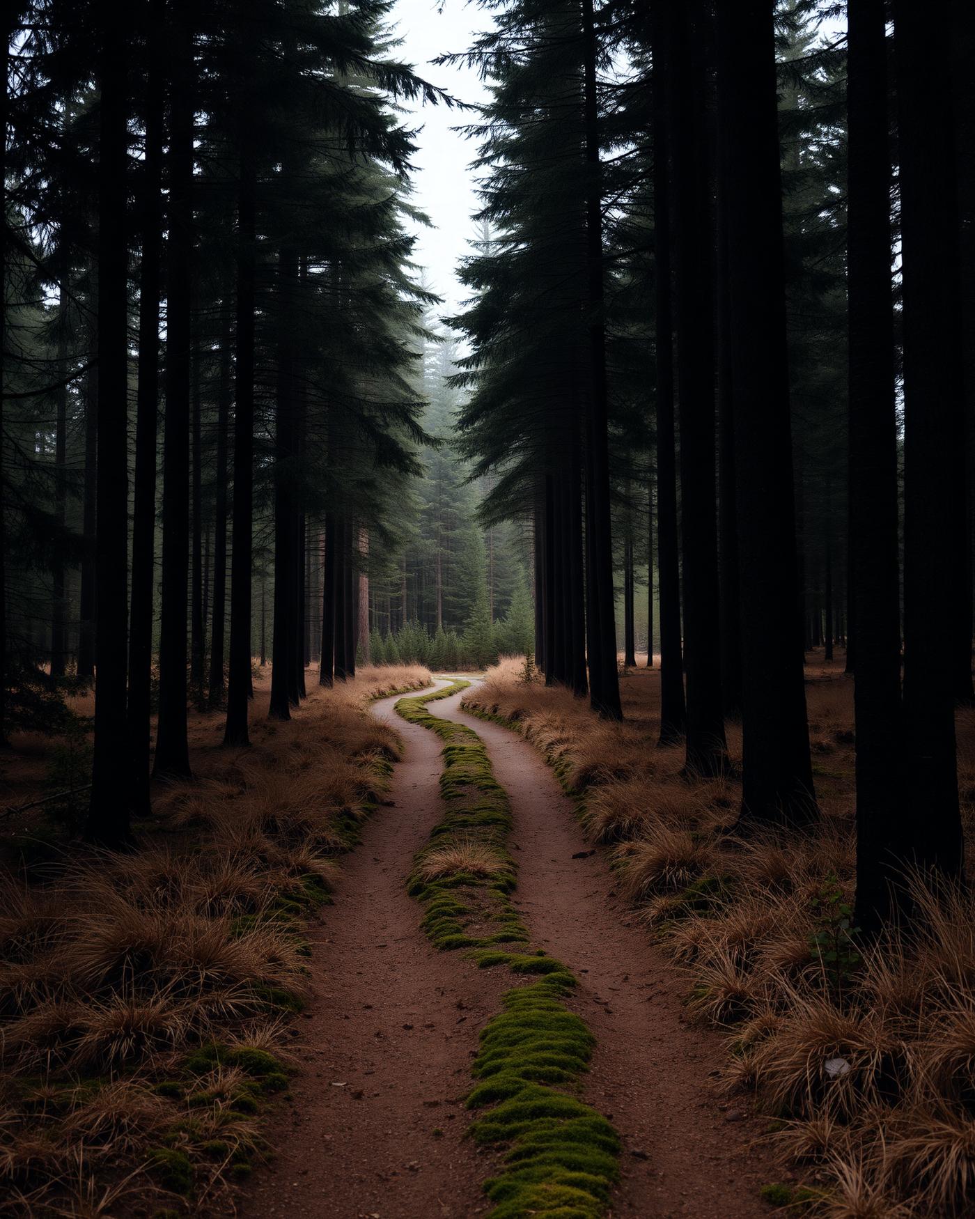 A narrow path through the quiet pine woods on the ranch